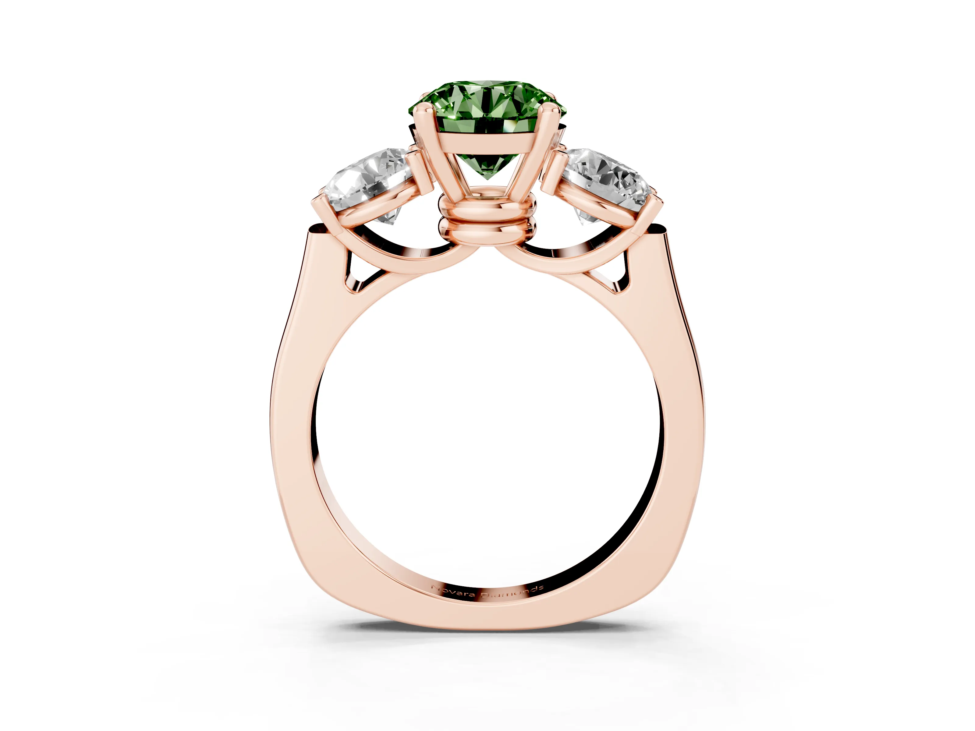 Fancy Green Round Cut Diamond Three-Stone Trellis Ring Set in Rose gold with Comfort Fit Band