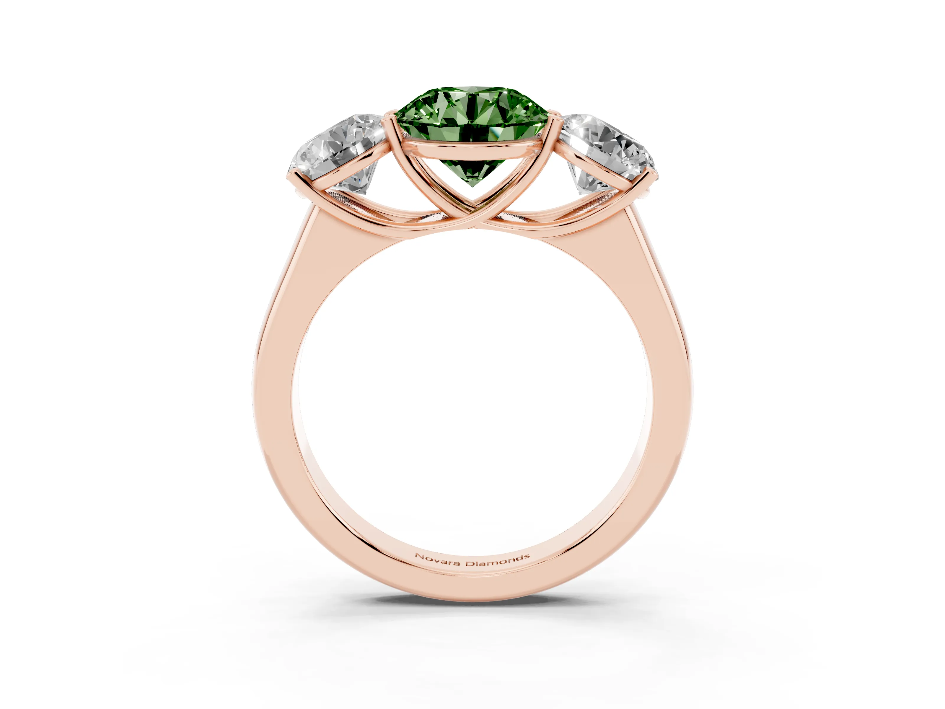 Fancy Green Round Cut Diamond Three-Stone Ring Set in Rose gold with Plain Polished Band