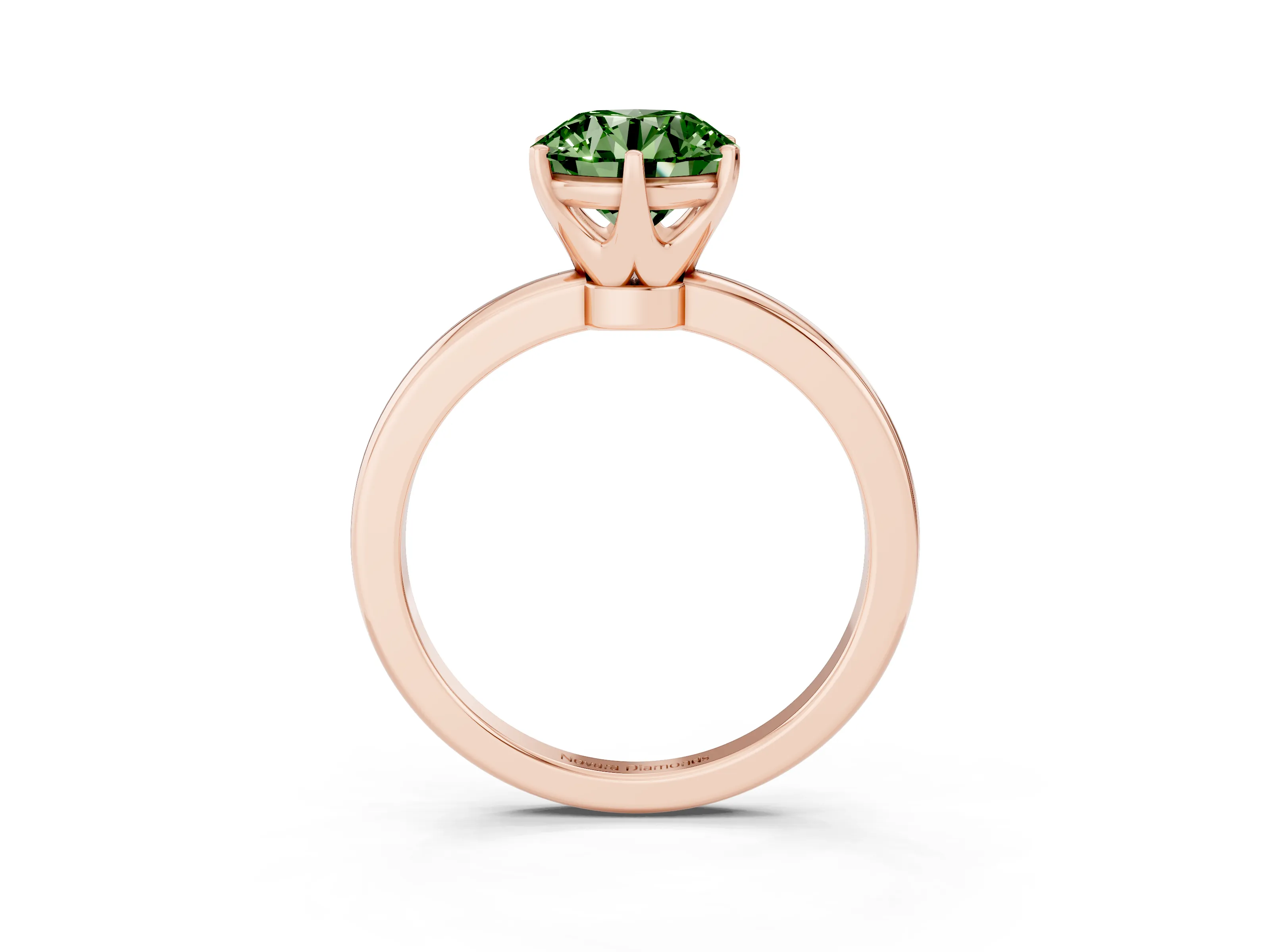 Fancy Green Round Cut Diamond Solitaire Ring Set in Rose gold with Raised Prong Setting on a Classic Band