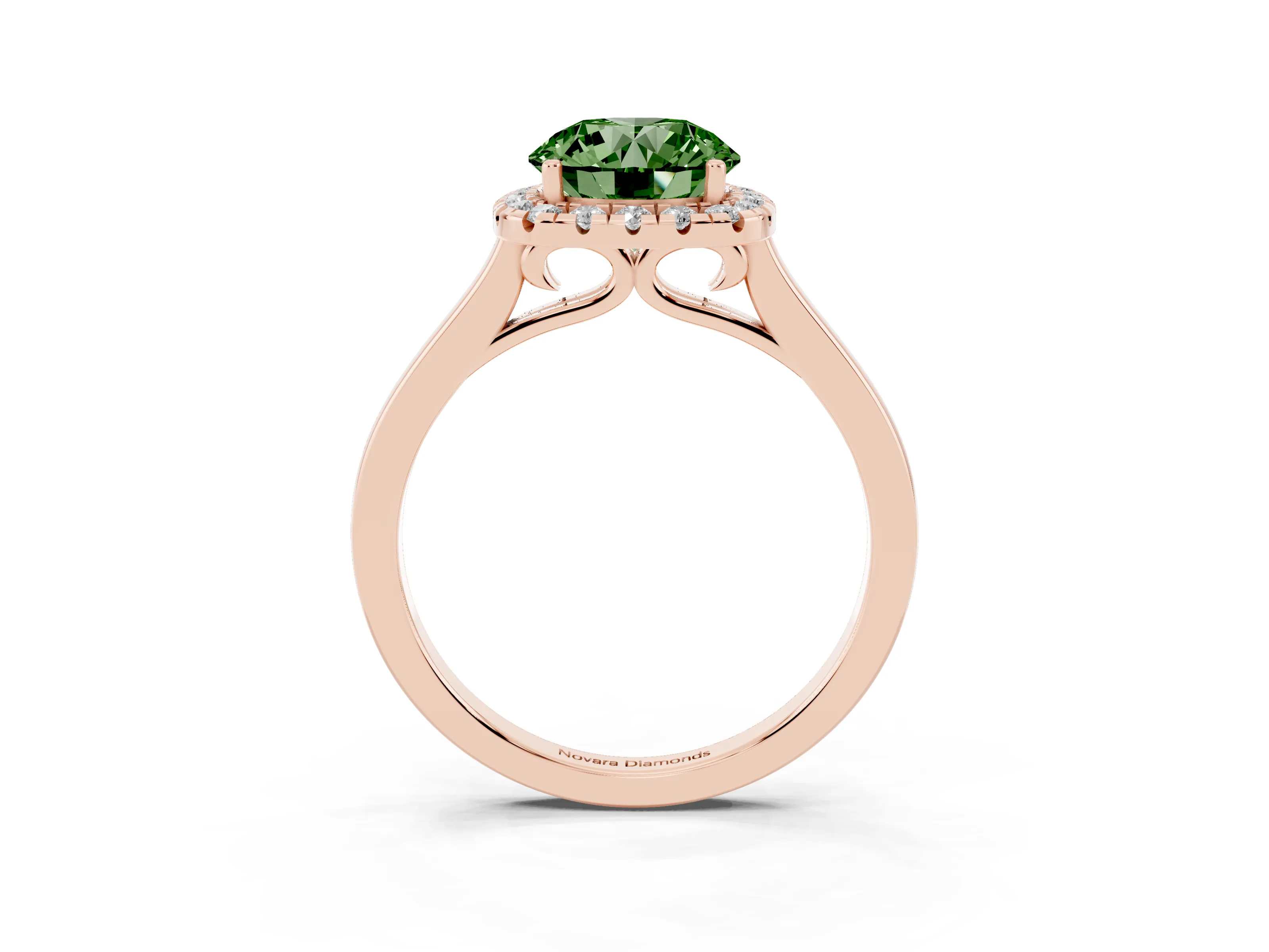 Fancy Green Round Cut Halo Round Diamond Solitaire Ring Set in Rose gold with Pavé Band and Prong Setting
