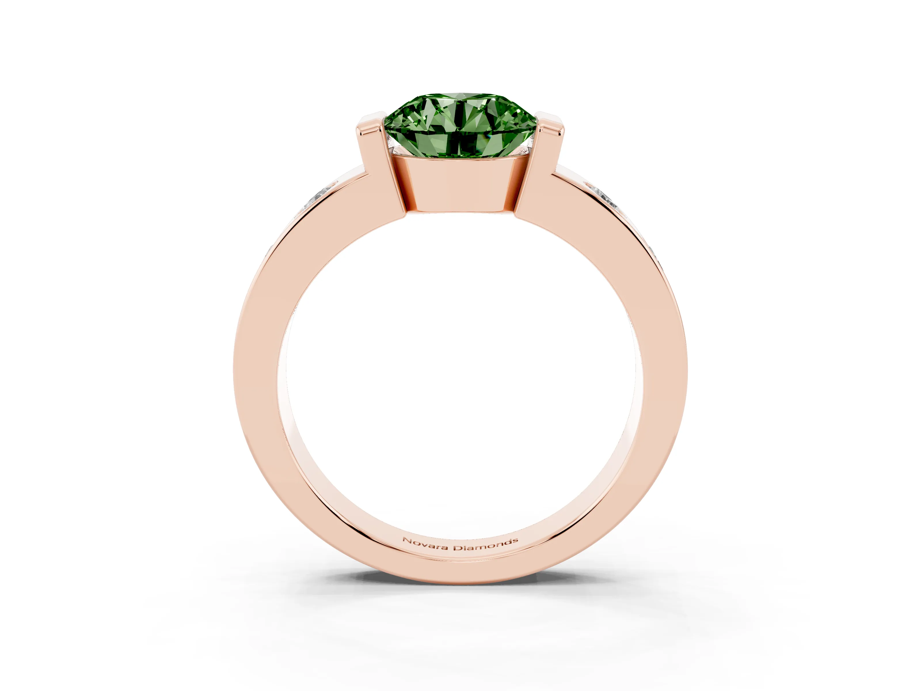 Fancy Green Round Cut Diamond Channel-Set Band Ring Set in Rose gold with Bezel Prong Setting