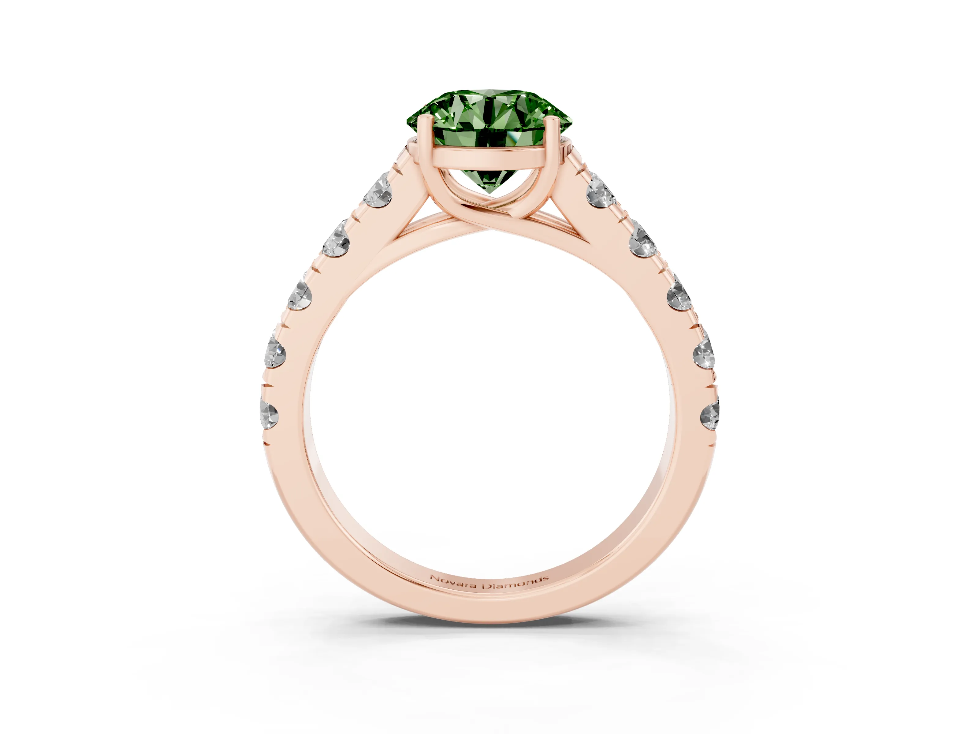 Fancy Green Round Cut Diamond Solitaire Ring Set in Rose gold with Cut-Down Micro Pavé Band and Prong Setting