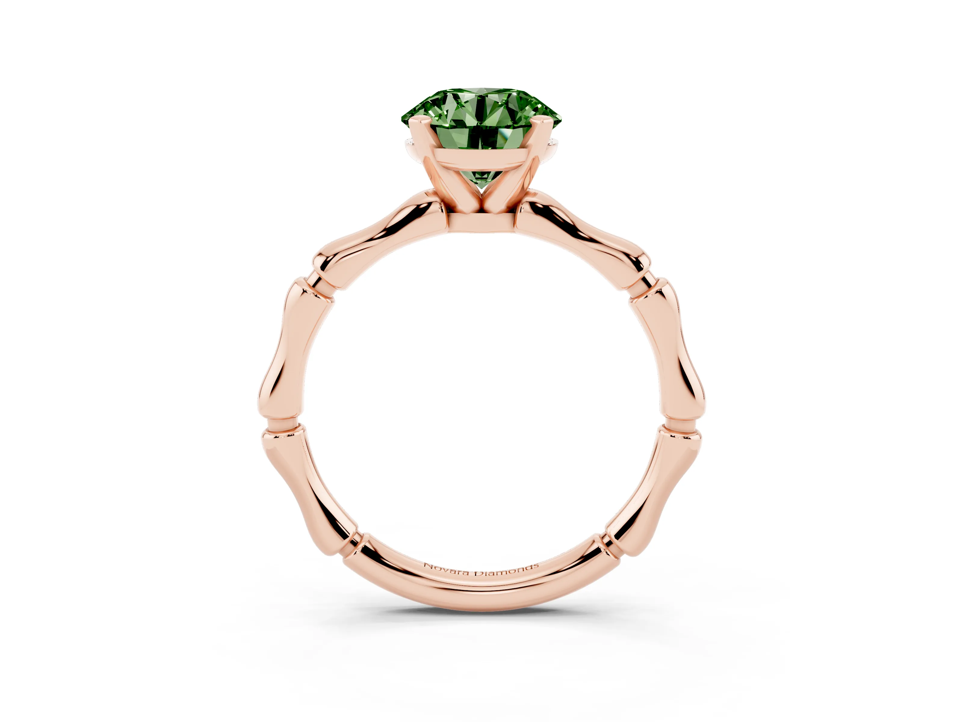 Fancy Green Round Cut Diamond Solitaire Ring Set in Rose gold with Bamboo Band and Prong Setting