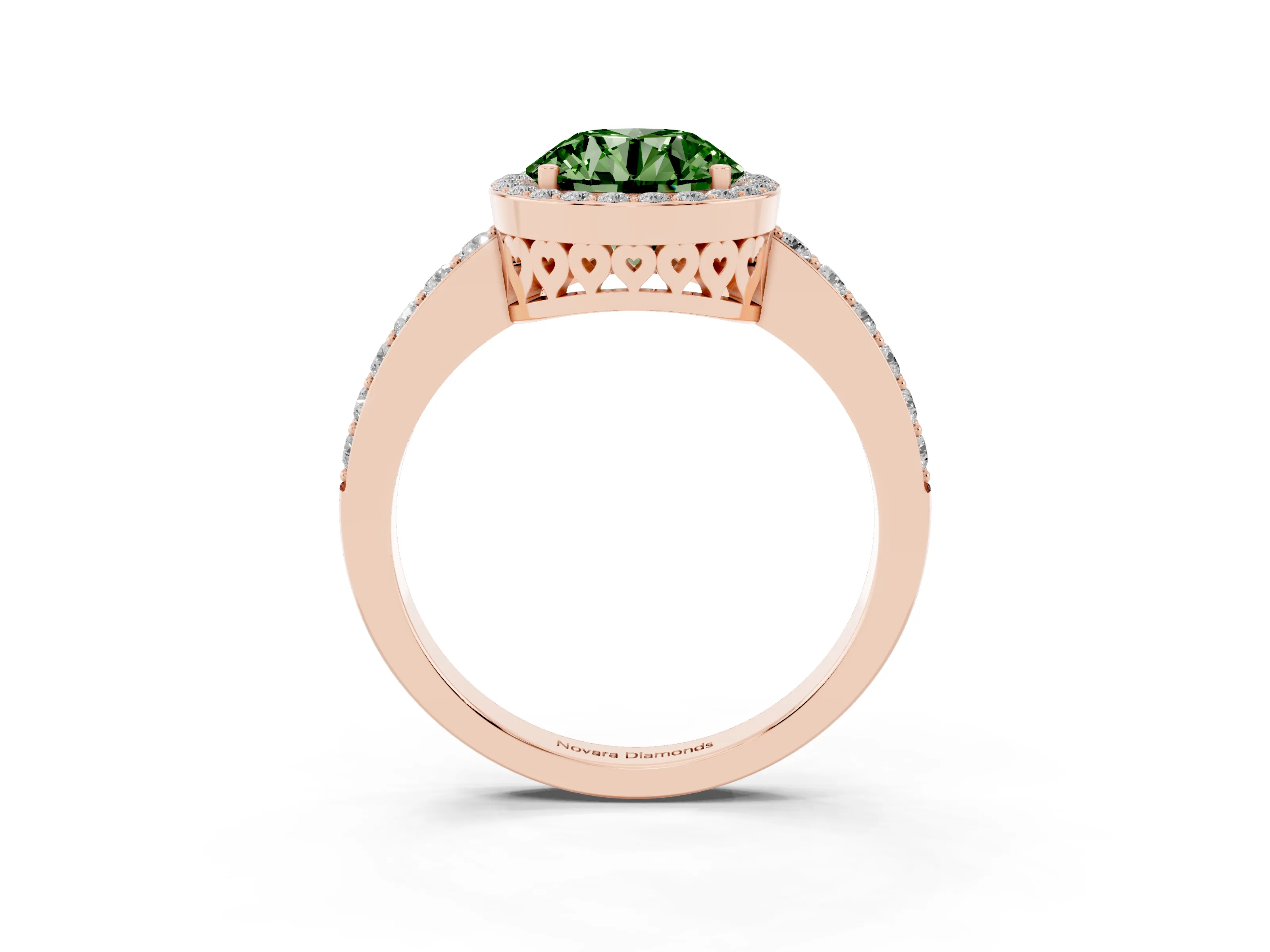 Fancy Green Round Cut Diamond Halo Ring Set in Rose gold with Pavé-Setting Band and Open Prong Center