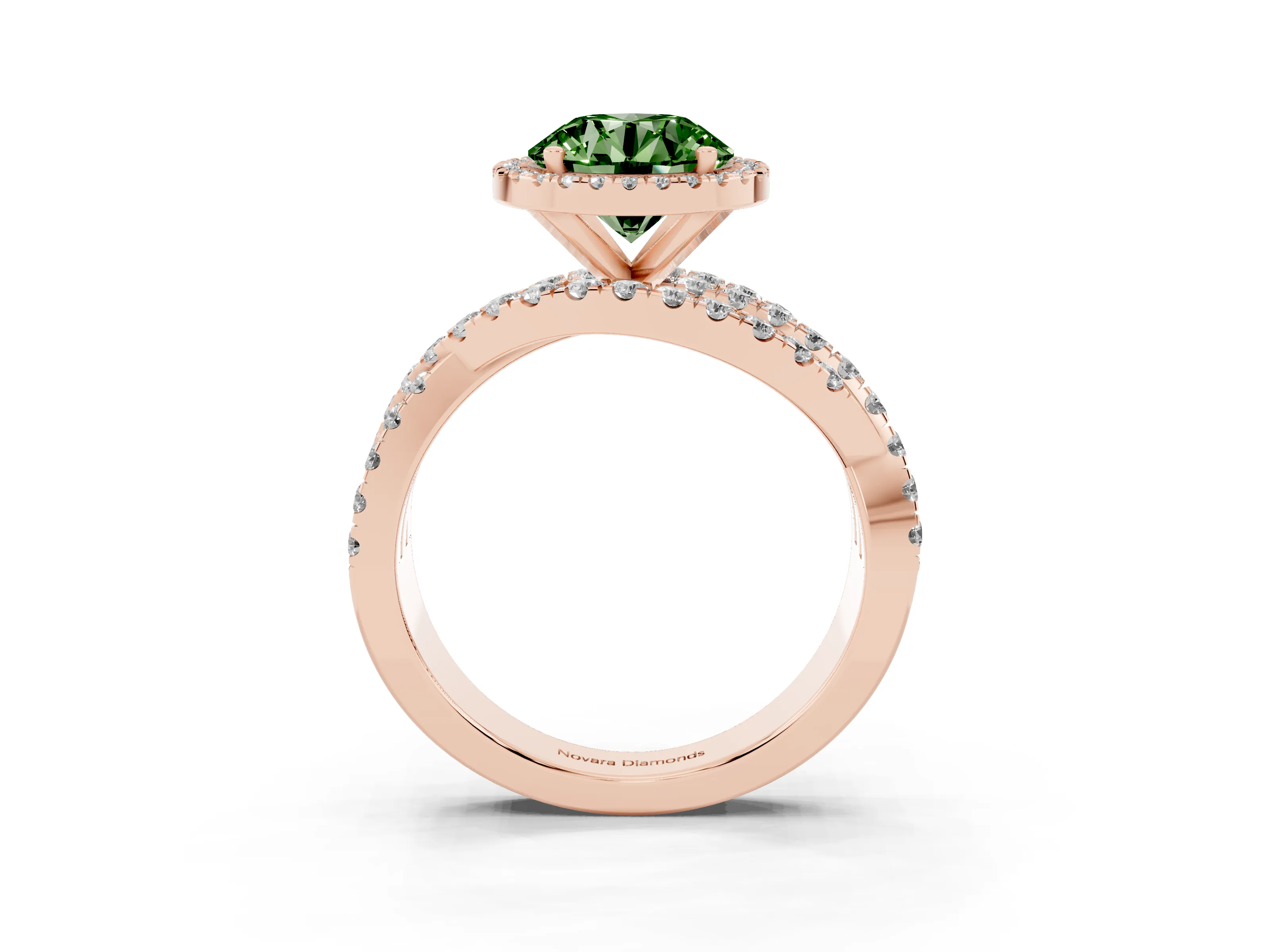 Fancy Green Round Cut Diamond Halo Ring Set in Rose gold with Round Crossover Split Shank and Prong Setting