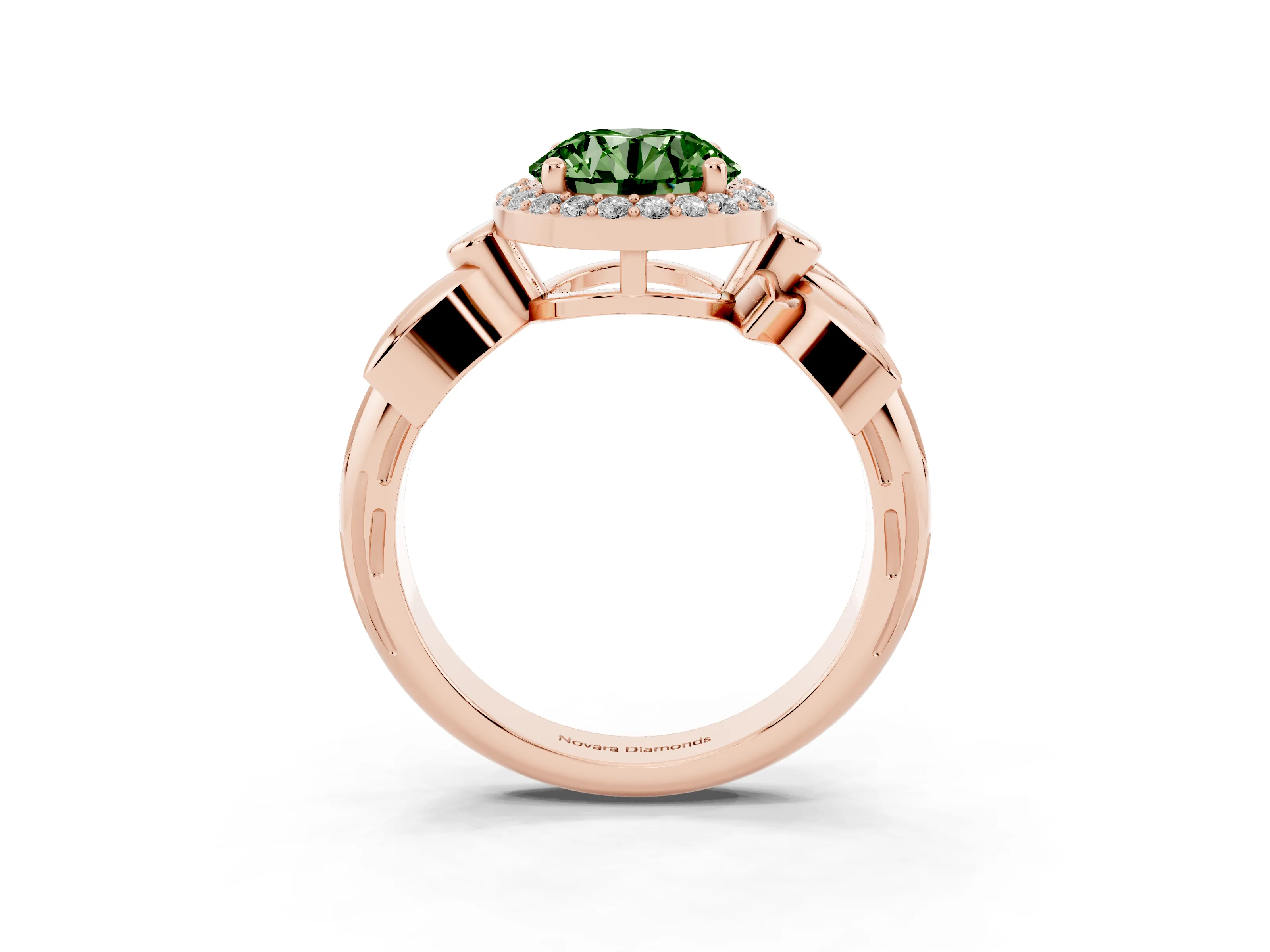 Fancy Green Round Cut Diamond Halo Floral Band Ring Set in Rose gold with Prong Setting