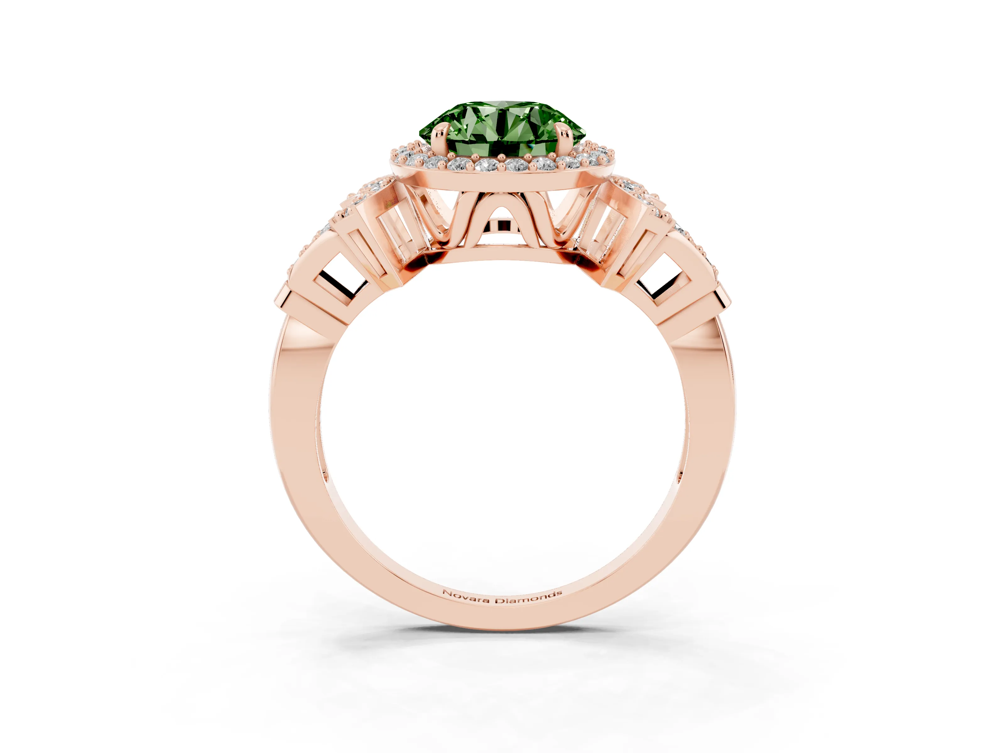 Fancy Green Round Cut Diamond Halo Engagement Ring Set in Rose gold with Accent Stone Split Shank