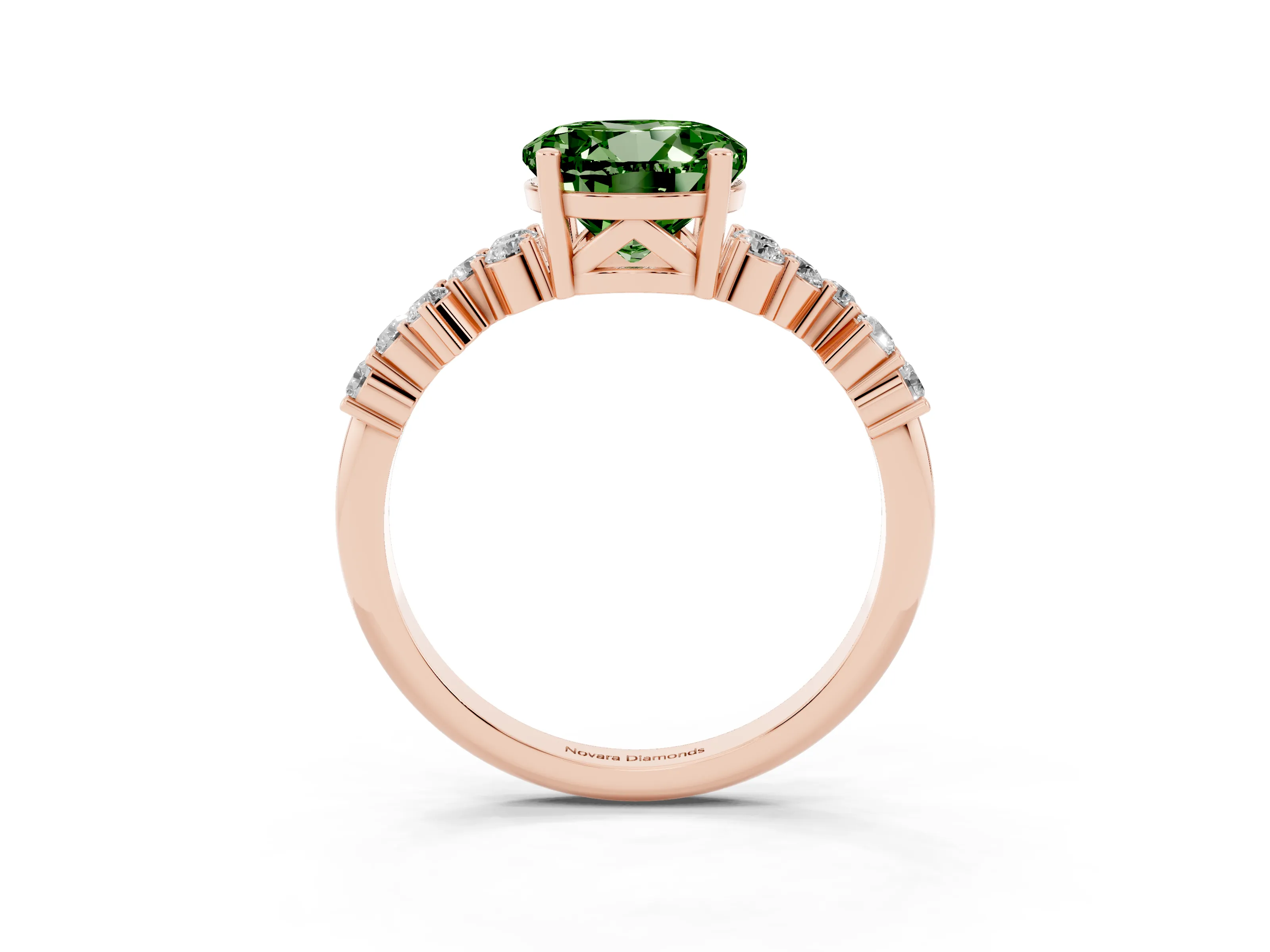 Fancy Green Round Cut Diamond Ring Set in Rose gold with Scattered Round Accents