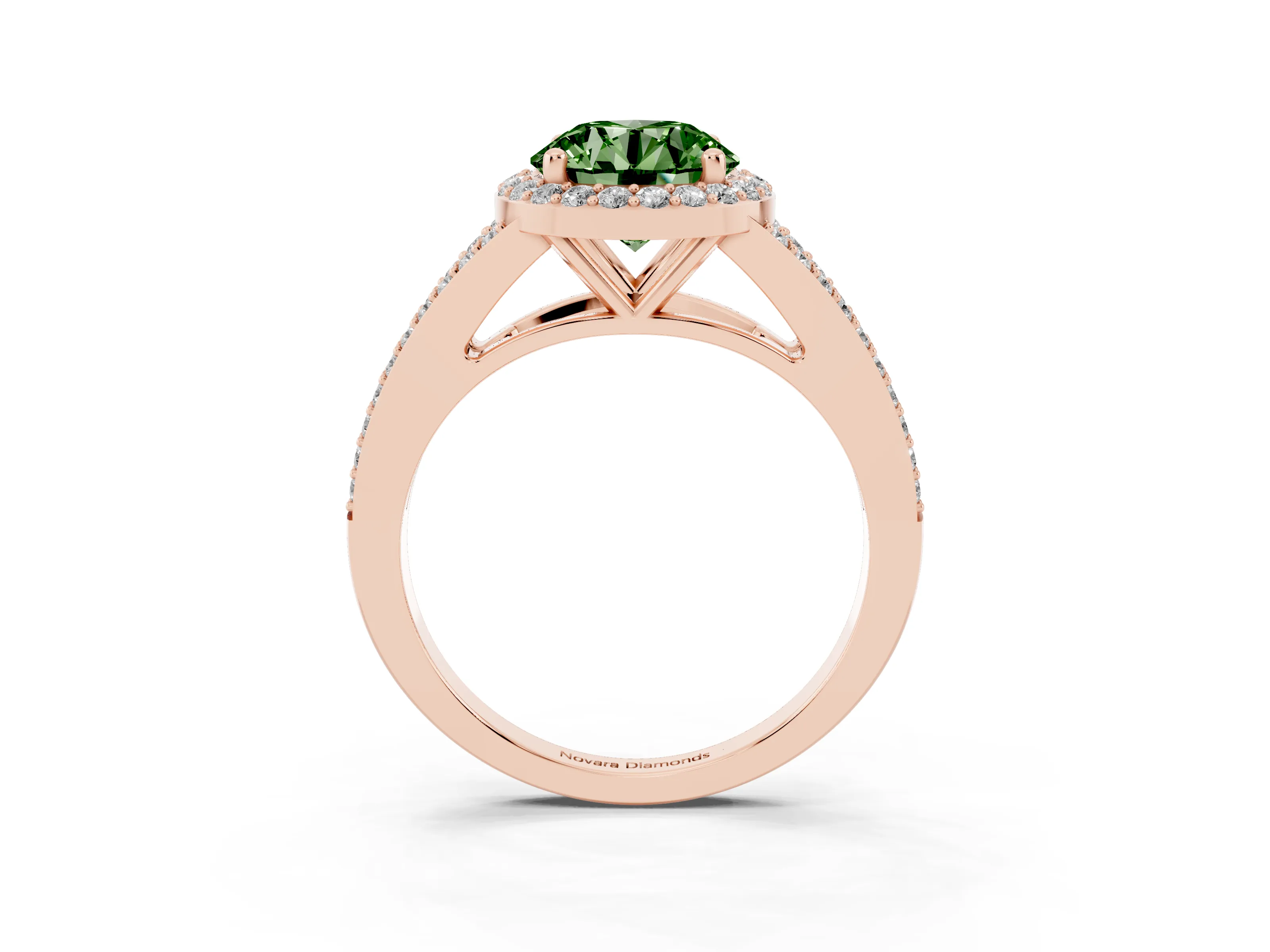 Fancy Green Round Cut Diamond Halo Split Shank Pavé Ring Set in Rose gold with Prong Setting