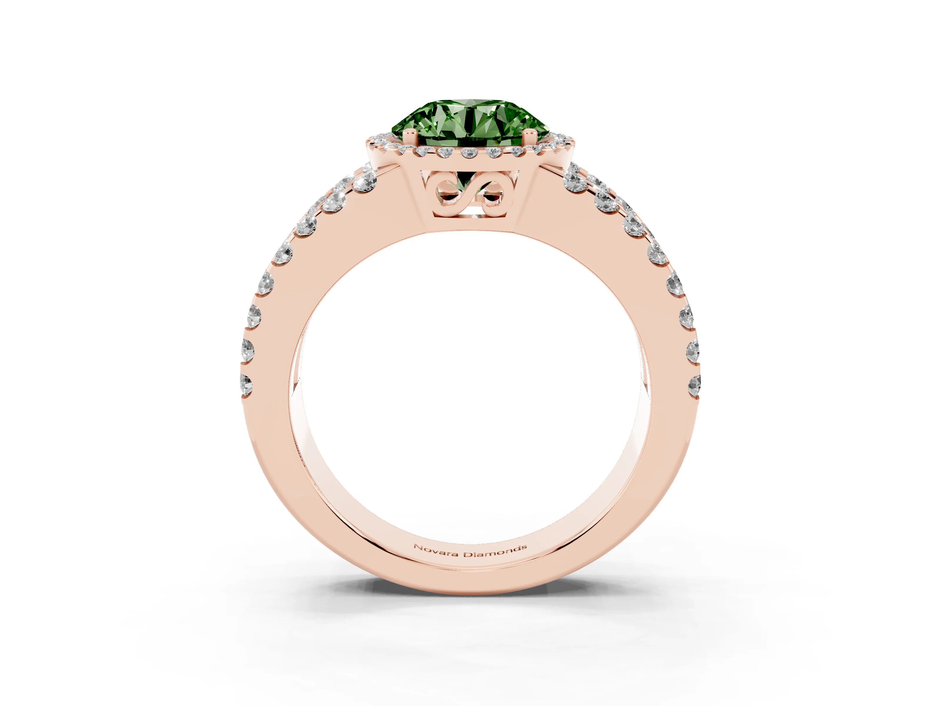 Fancy Green Round Cut Diamond Halo Ring Set in Rose gold with Pavé Split Shank and Prong Setting