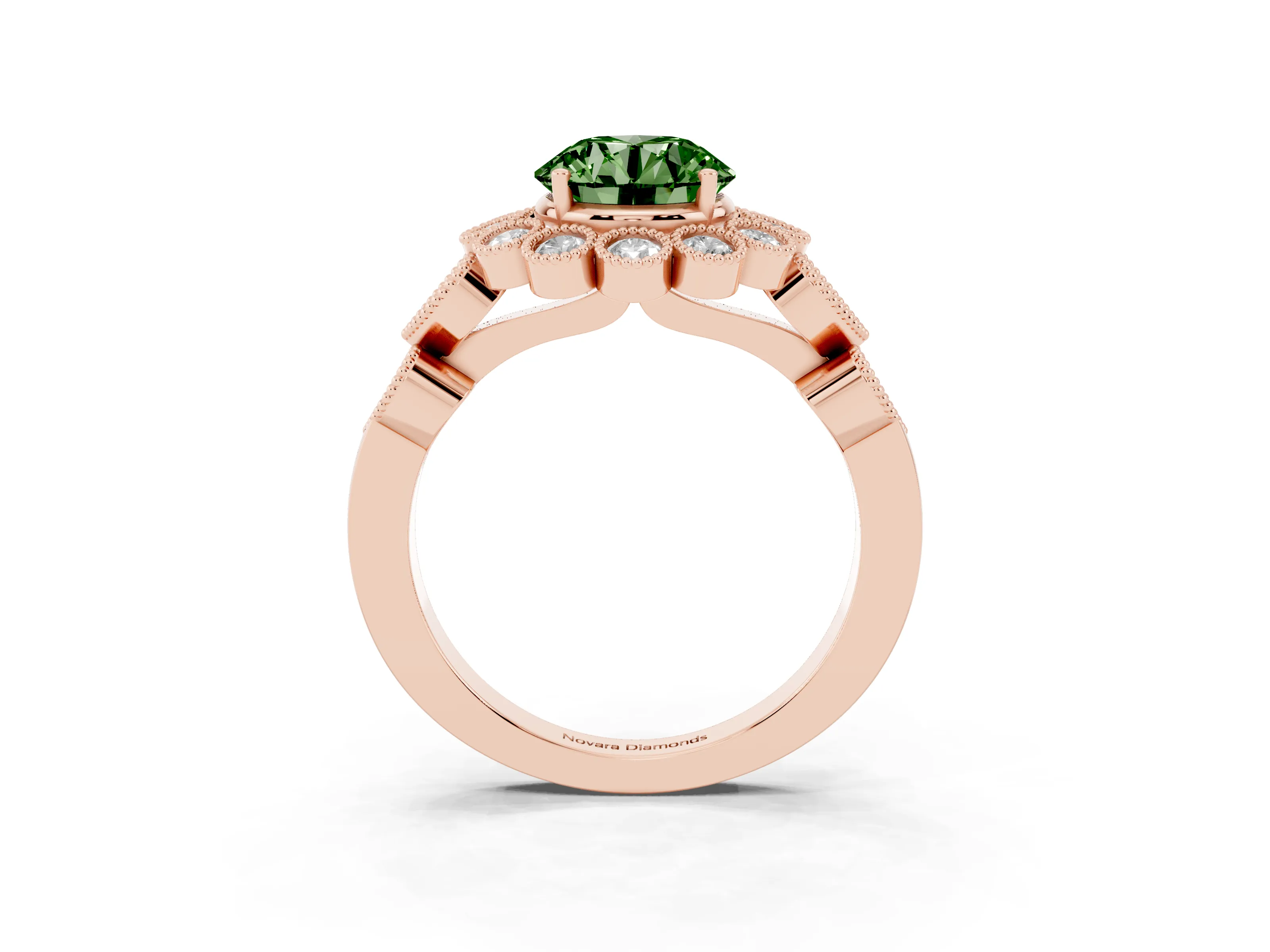 Fancy Green Round Cut Diamond Solitaire Ring Set in Rose gold with Milgrain Pavé Heart Band