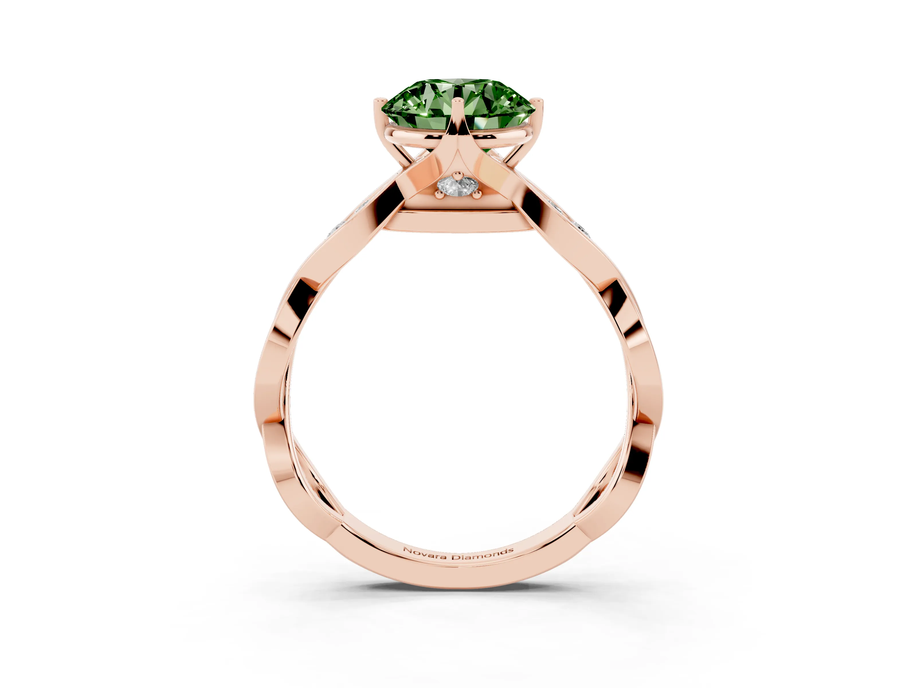 Fancy Green Round Cut Diamond Twist Band Solitaire Ring Set in Rose gold with Leaf Prong Setting and Accent Stones