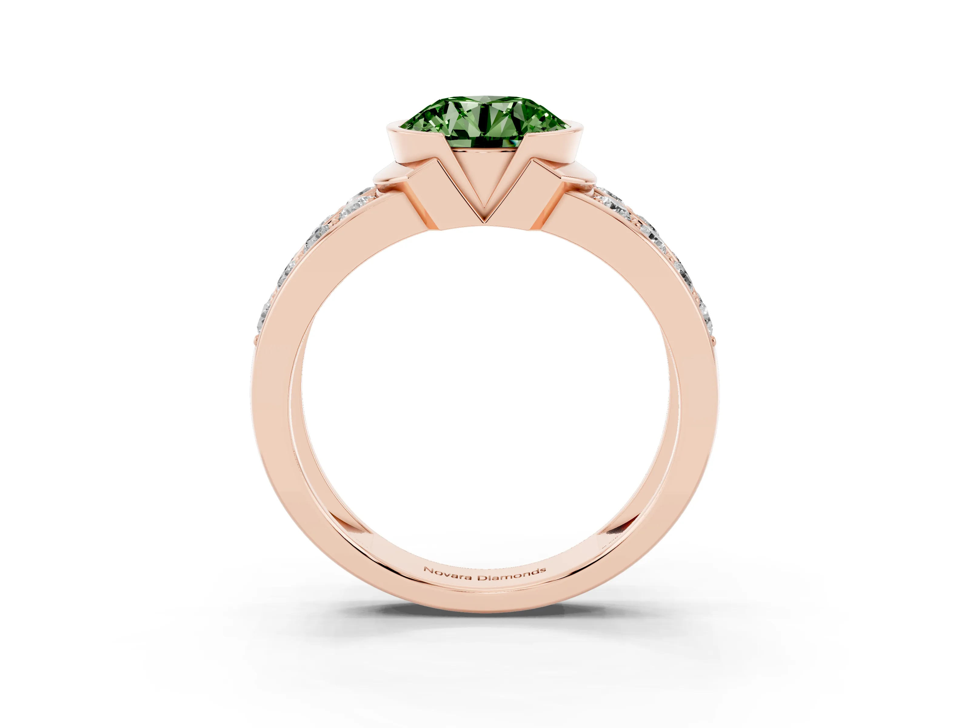 Fancy Green Round Cut Diamond Wide Channel Set Band Ring Set in Rose gold with Bezel Setting