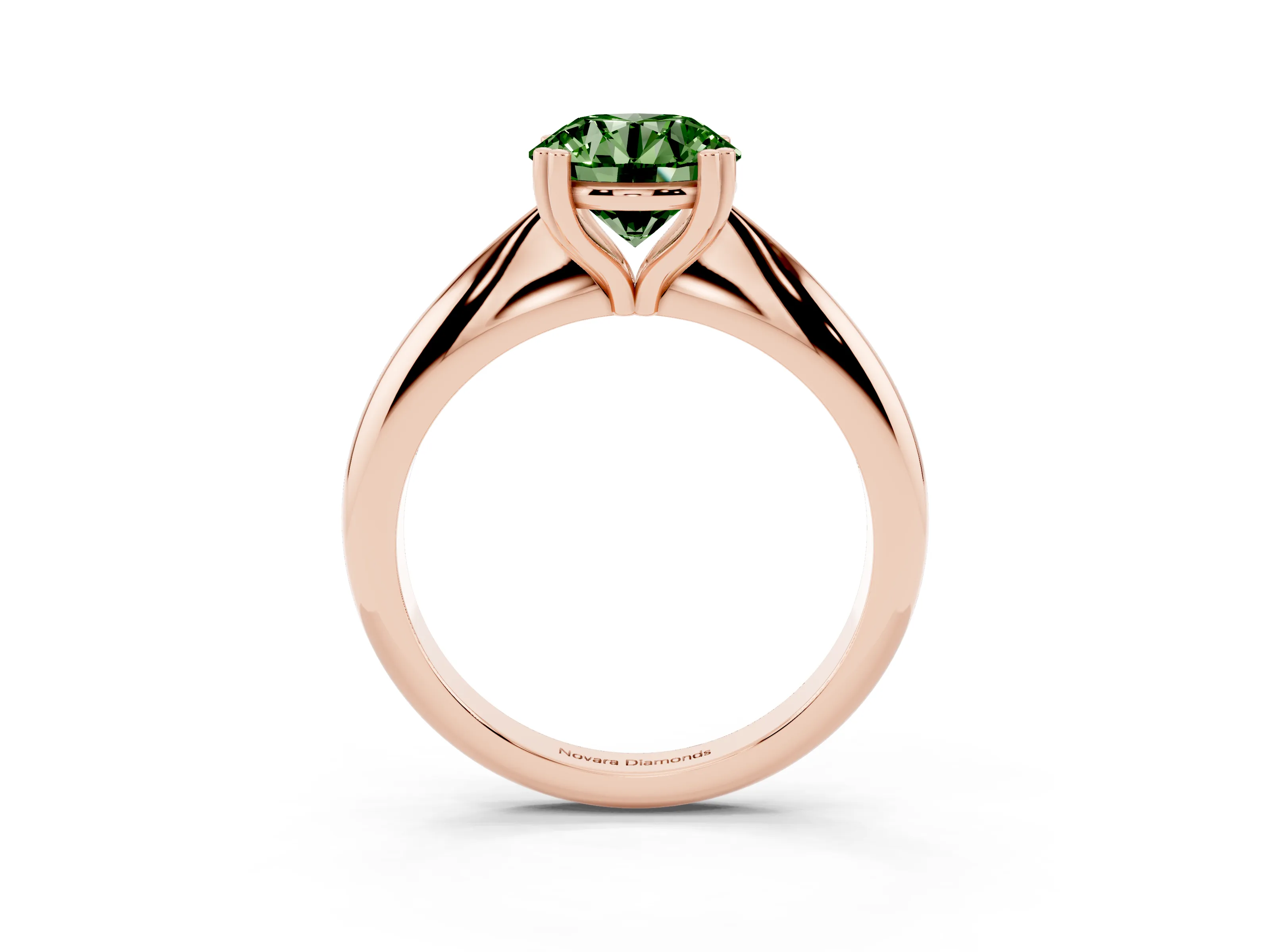 Fancy Green Round Cut Diamond Solitaire Engagement Ring Set in Rose gold with Tapered Band and Prong Setting
