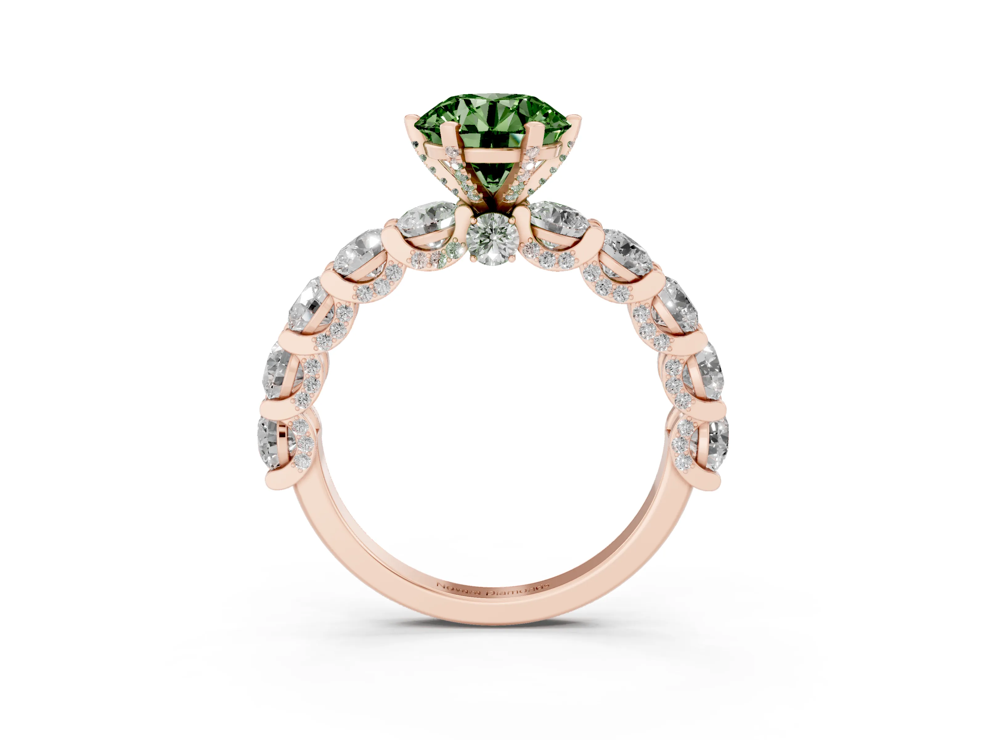 Fancy Green Round Cut Diamond Side Stone Ring Set in Rose gold with Alternating Round and Oval Side Stones