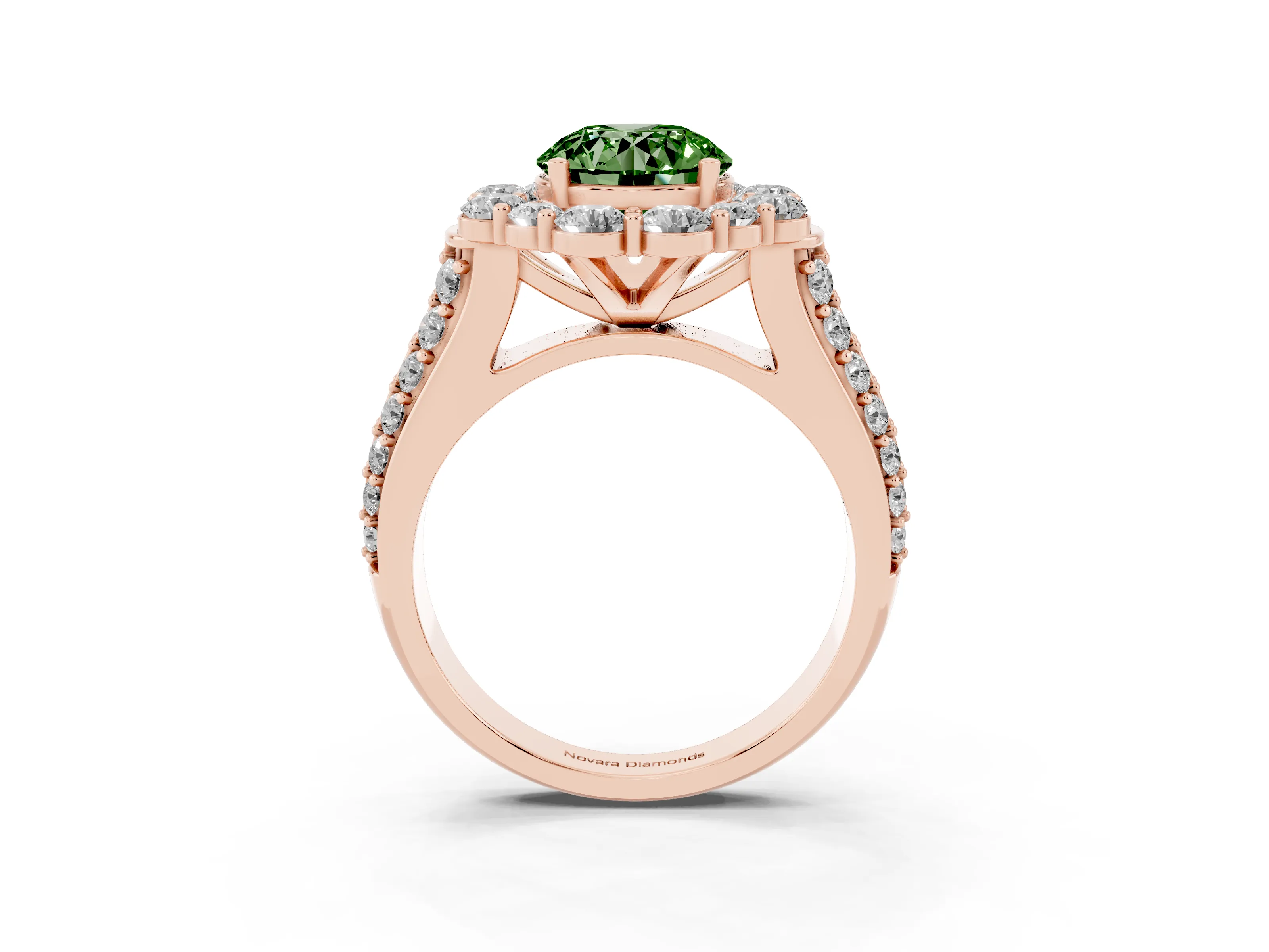Fancy Green Round Cut Diamond Halo Engagement Ring Set in Rose gold with Split Shank and Prong Setting
