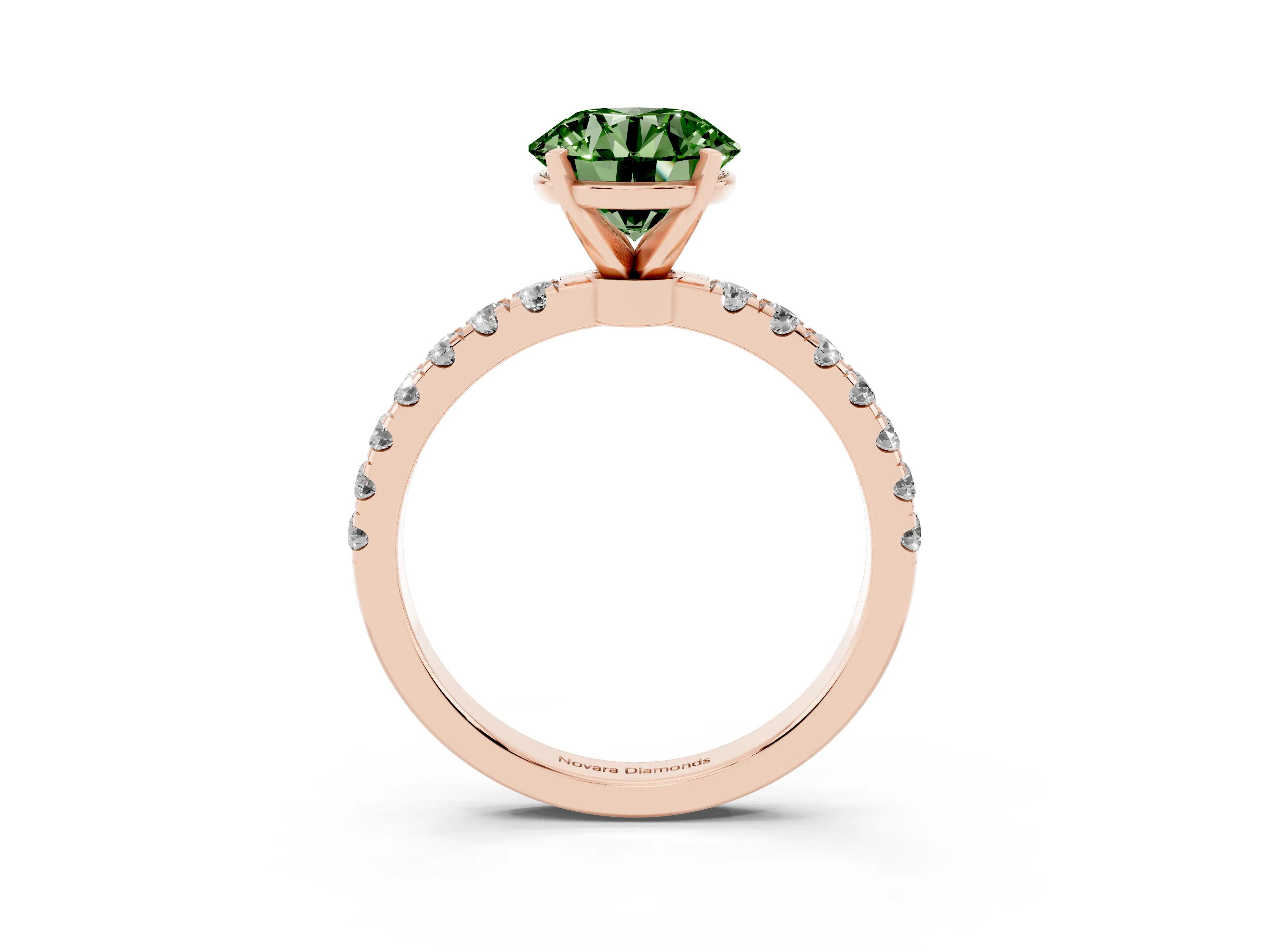 Fancy Green Round Cut Diamond Solitaire Ring Set in Rose gold with Pavé Accents and Prong Setting