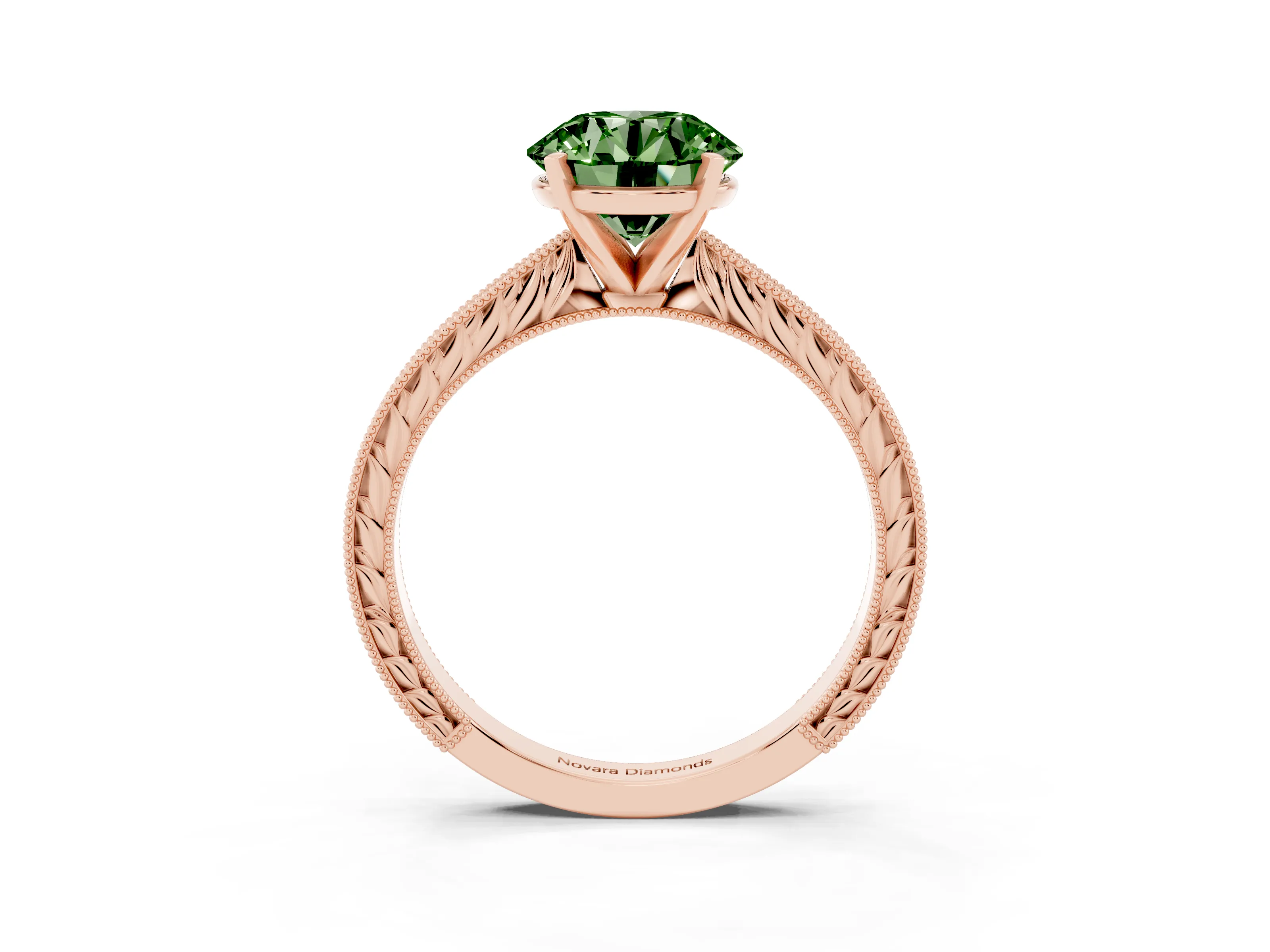 Fancy Green Round Cut Diamond Solitaire Milgrain Engraved Band Set in Rose gold with Prong Setting