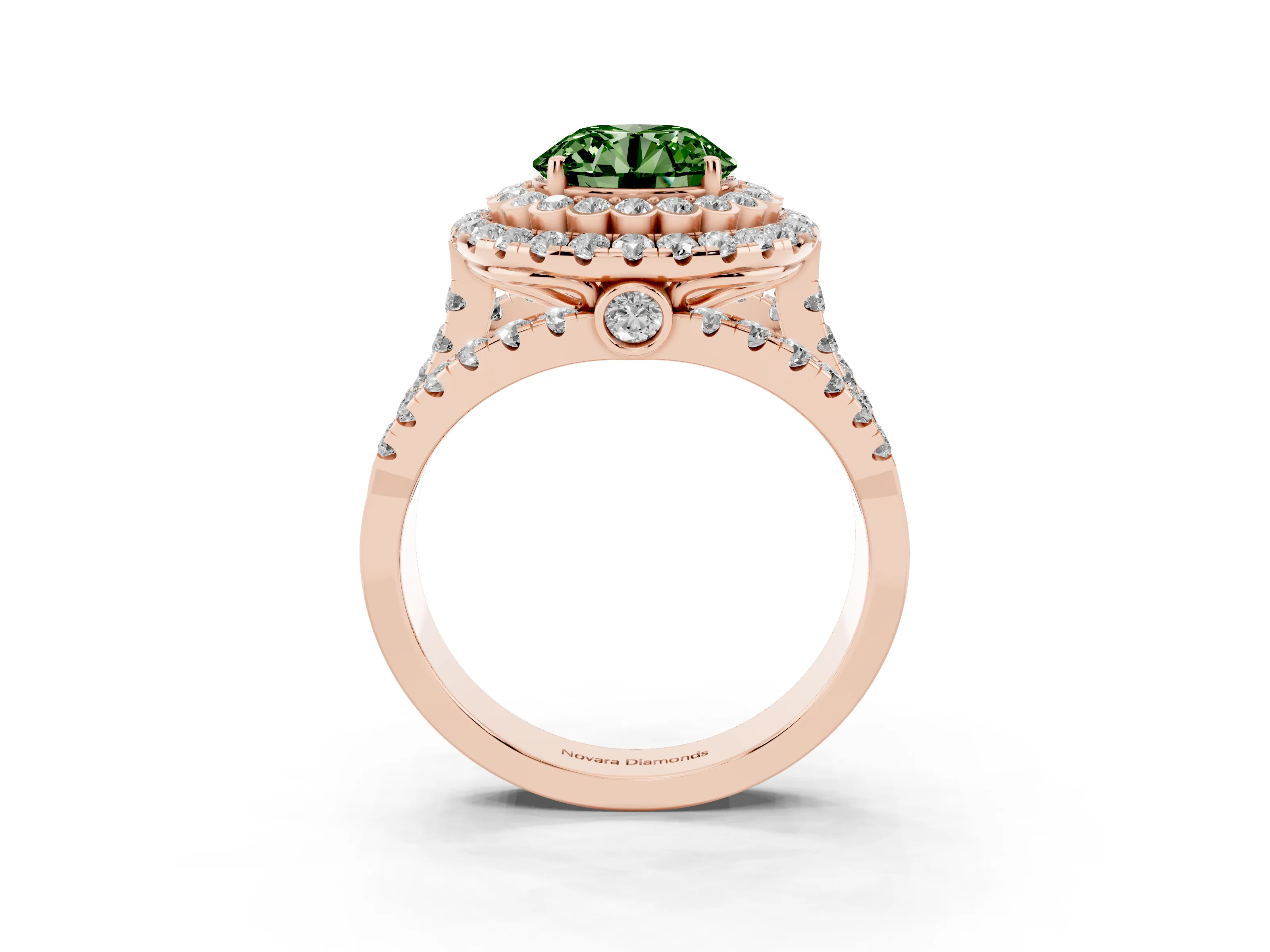 Fancy Green Round Cut Diamond Double Halo Ring Set in Rose gold with Round Pavé Split Shank