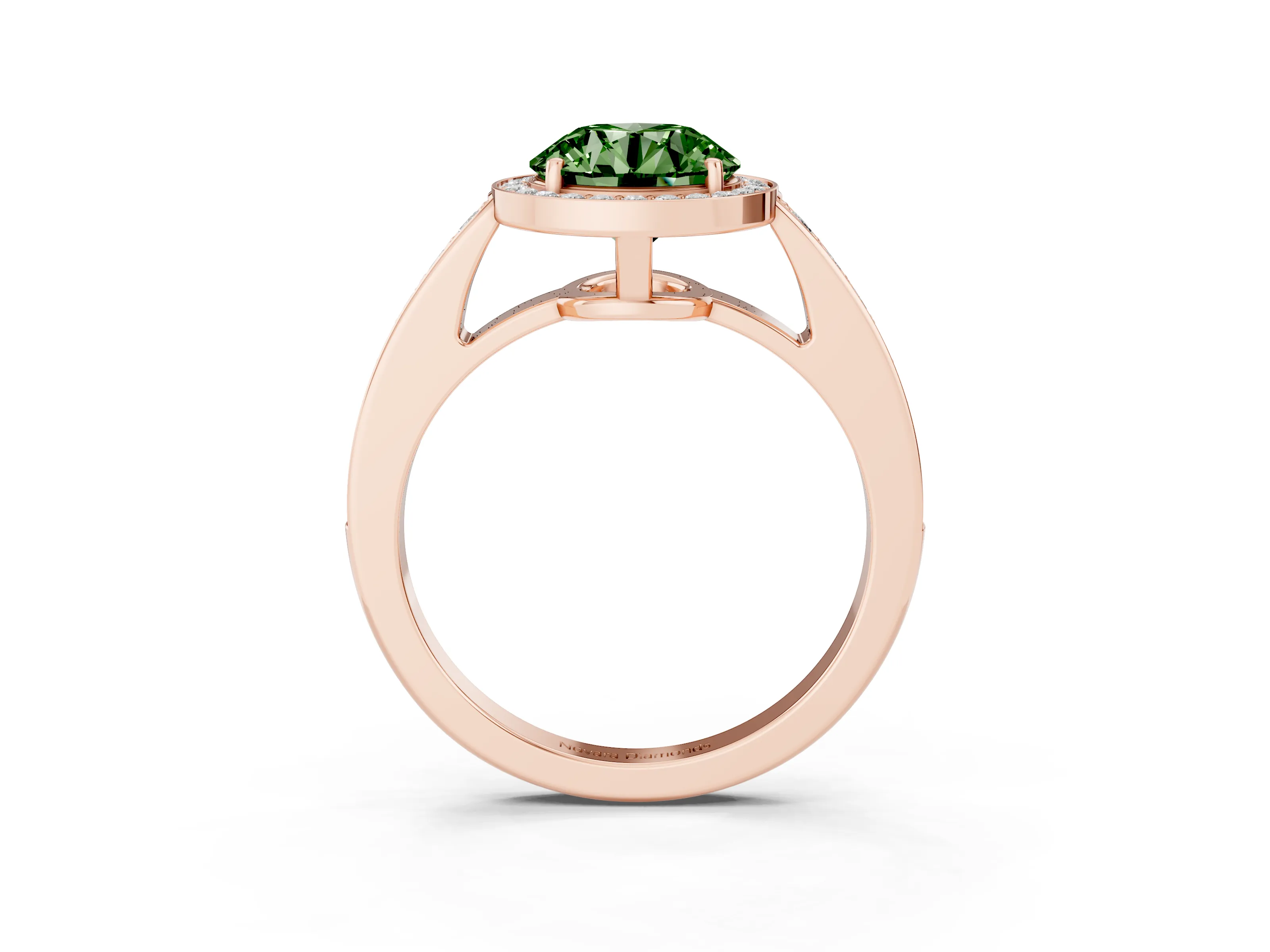 Fancy Green Round Cut Diamond Halo Pavé Engagement Ring Set in Rose gold with Bezel Setting