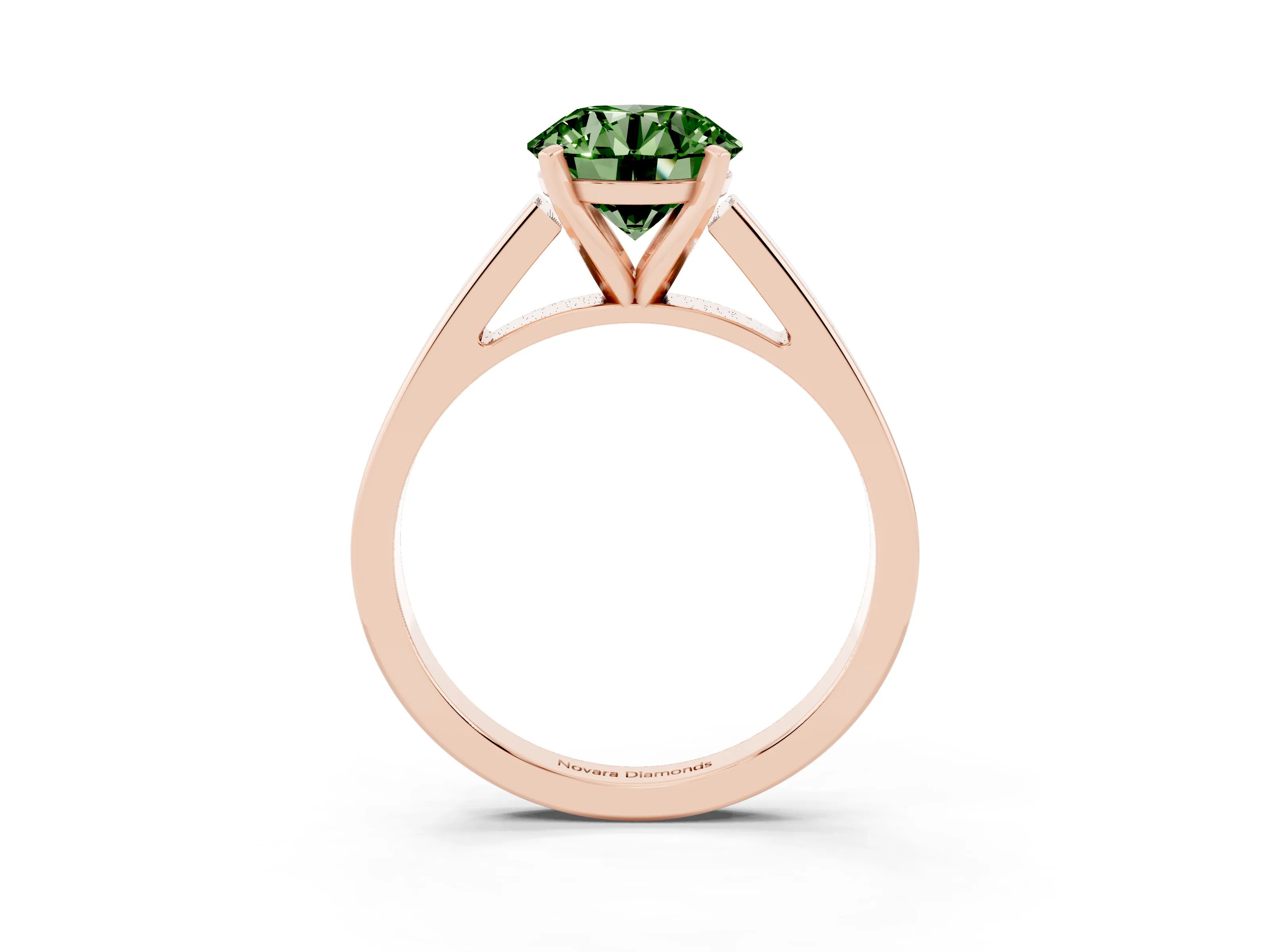 Fancy Green Round Cut Diamond Solitaire Engagement Ring Set in Rose gold with Prong Setting and Tapered Band