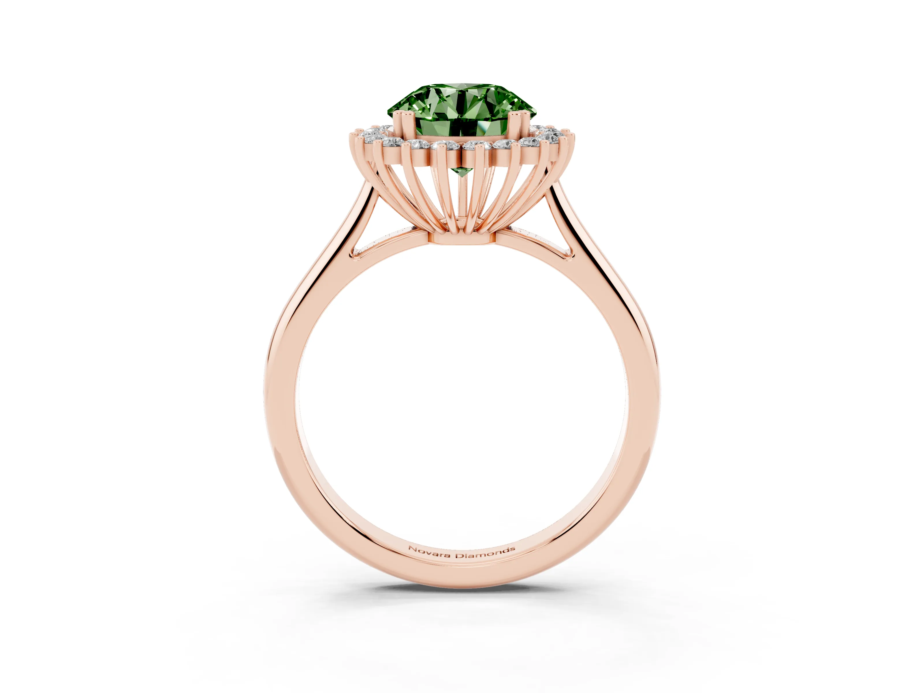 Fancy Green Round Cut Diamond Halo Ring Set in Rose gold with Plain Solitaire Band and Prong Setting