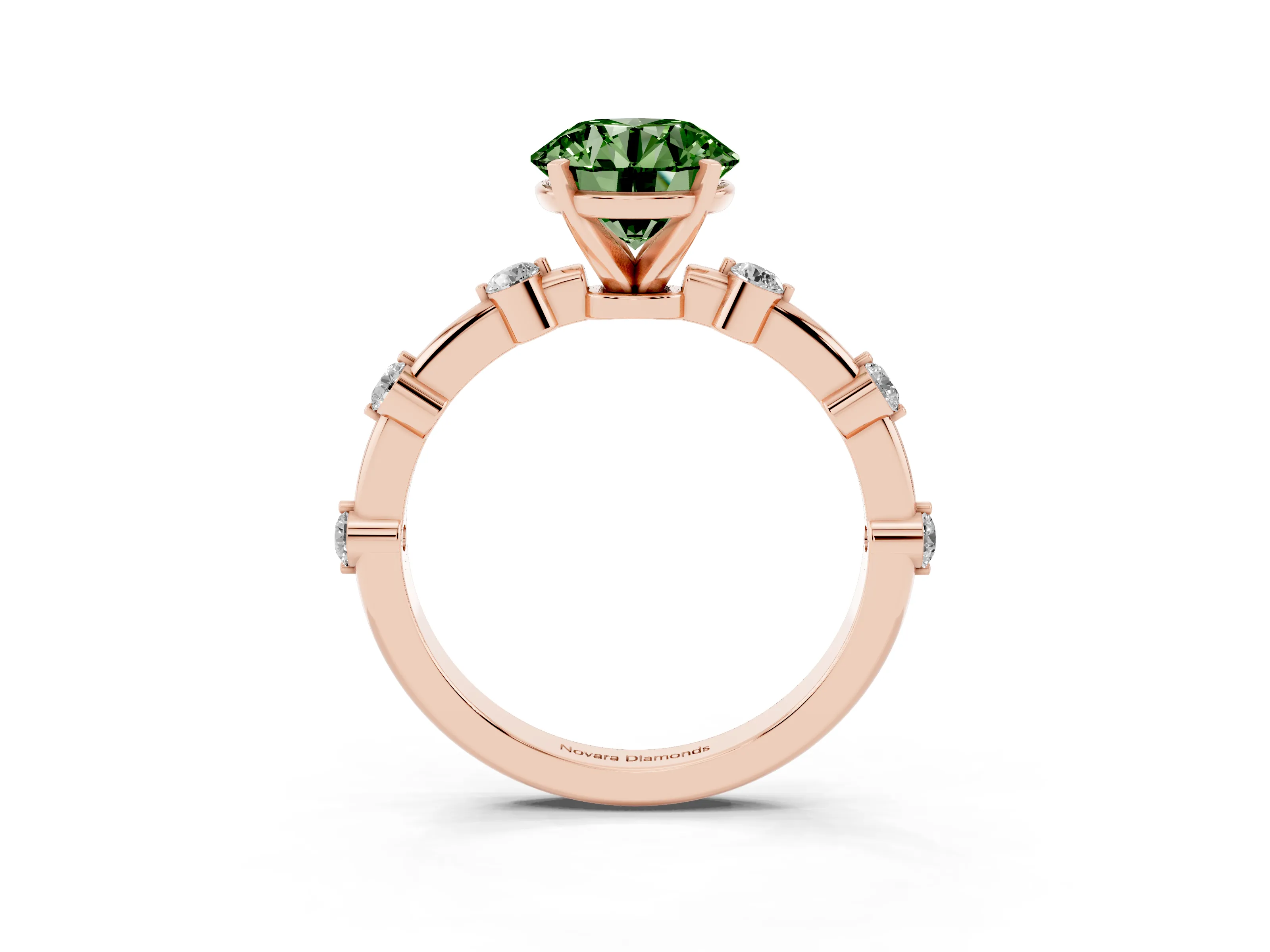 Fancy Green Round Cut Diamond Solitaire Ring Set in Rose gold with Bezel Set Side Stones and Prong Setting