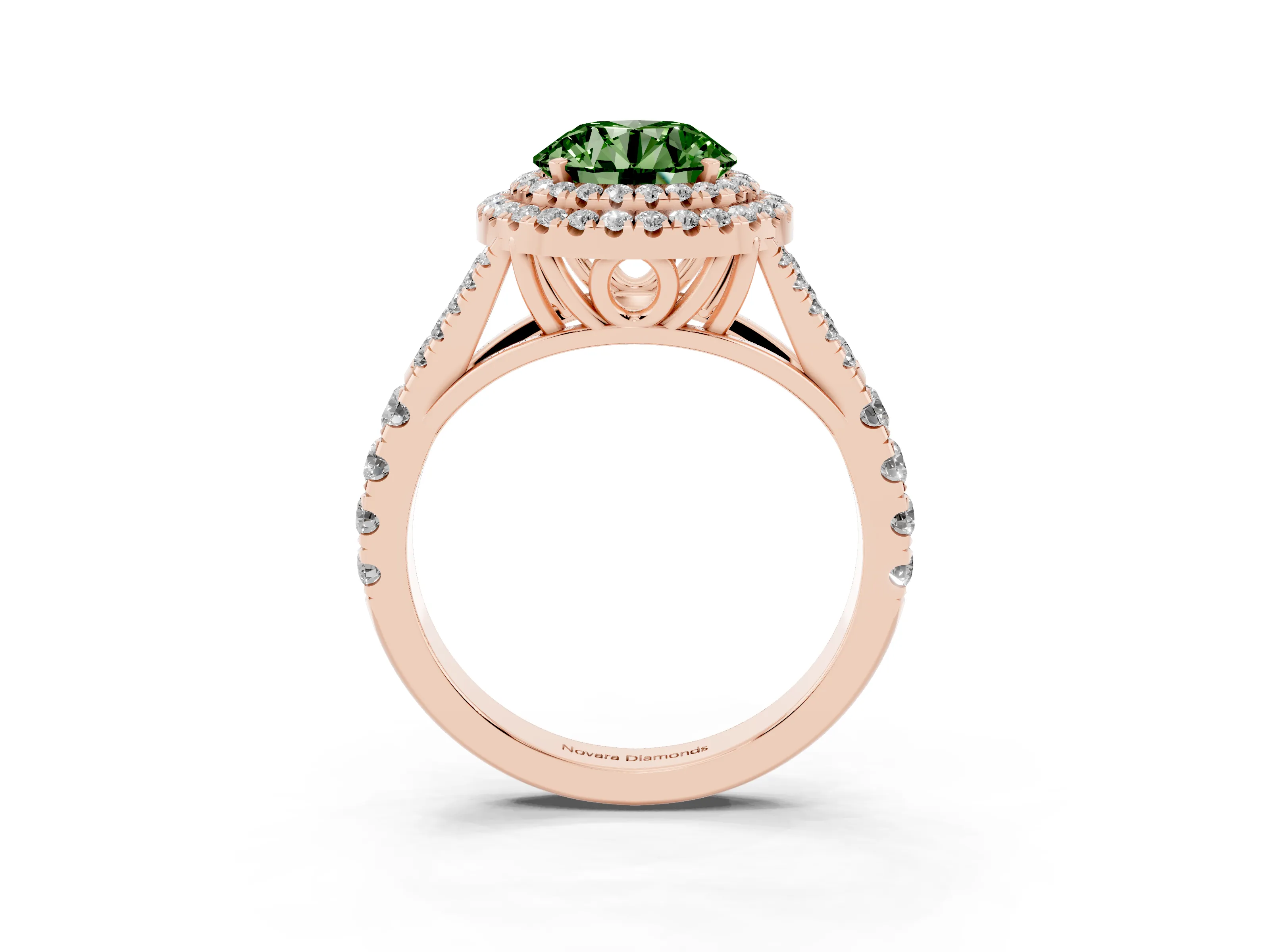 Fancy Green Round Cut Diamond Pavé Split Shank Double Halo Engagement Ring Set in Rose gold