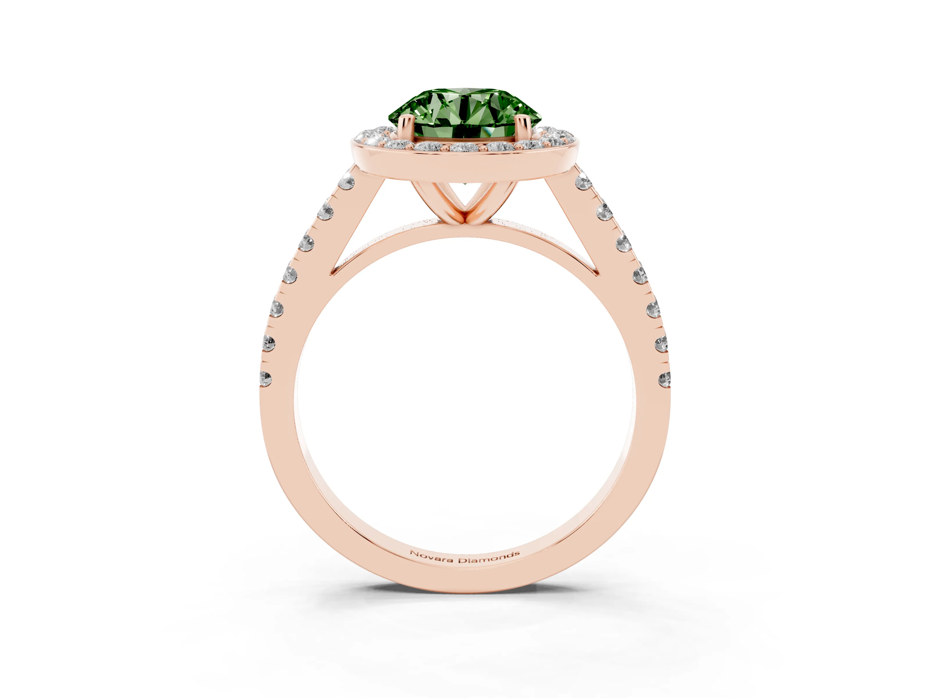 Fancy Green Round Cut Diamond Halo Ring Set in Rose gold with Round Pavé Split Shank and Prong Setting