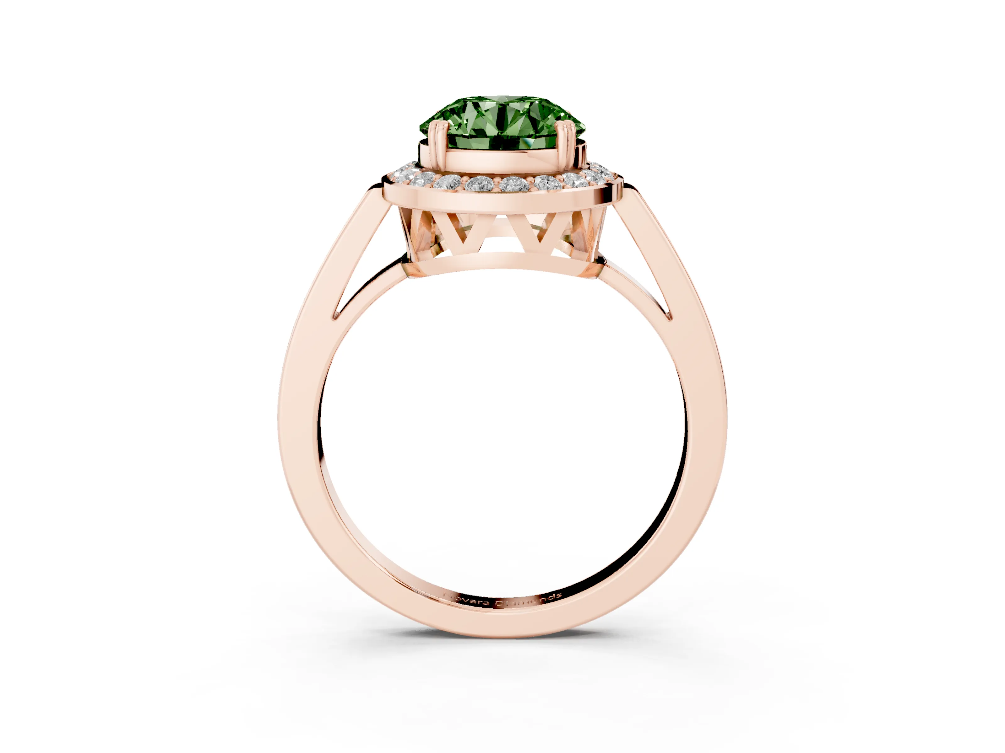 Fancy Green Round Cut Diamond Halo Ring Set in Rose gold with Accent-Lined Split Shank and Prong Setting