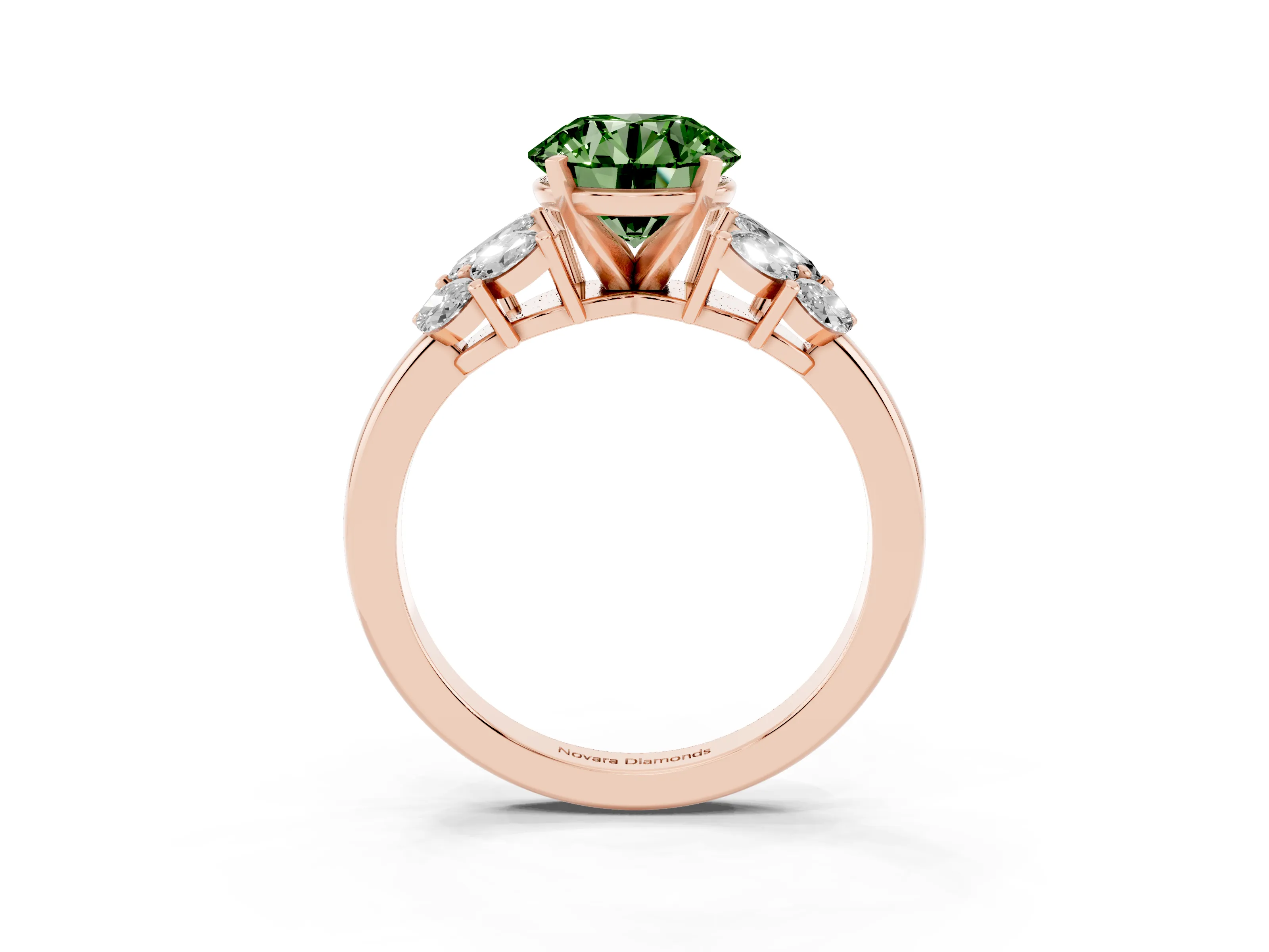 Fancy Green Round Cut Diamond Cluster Leaf Design Ring Set in Rose gold with Prong Setting