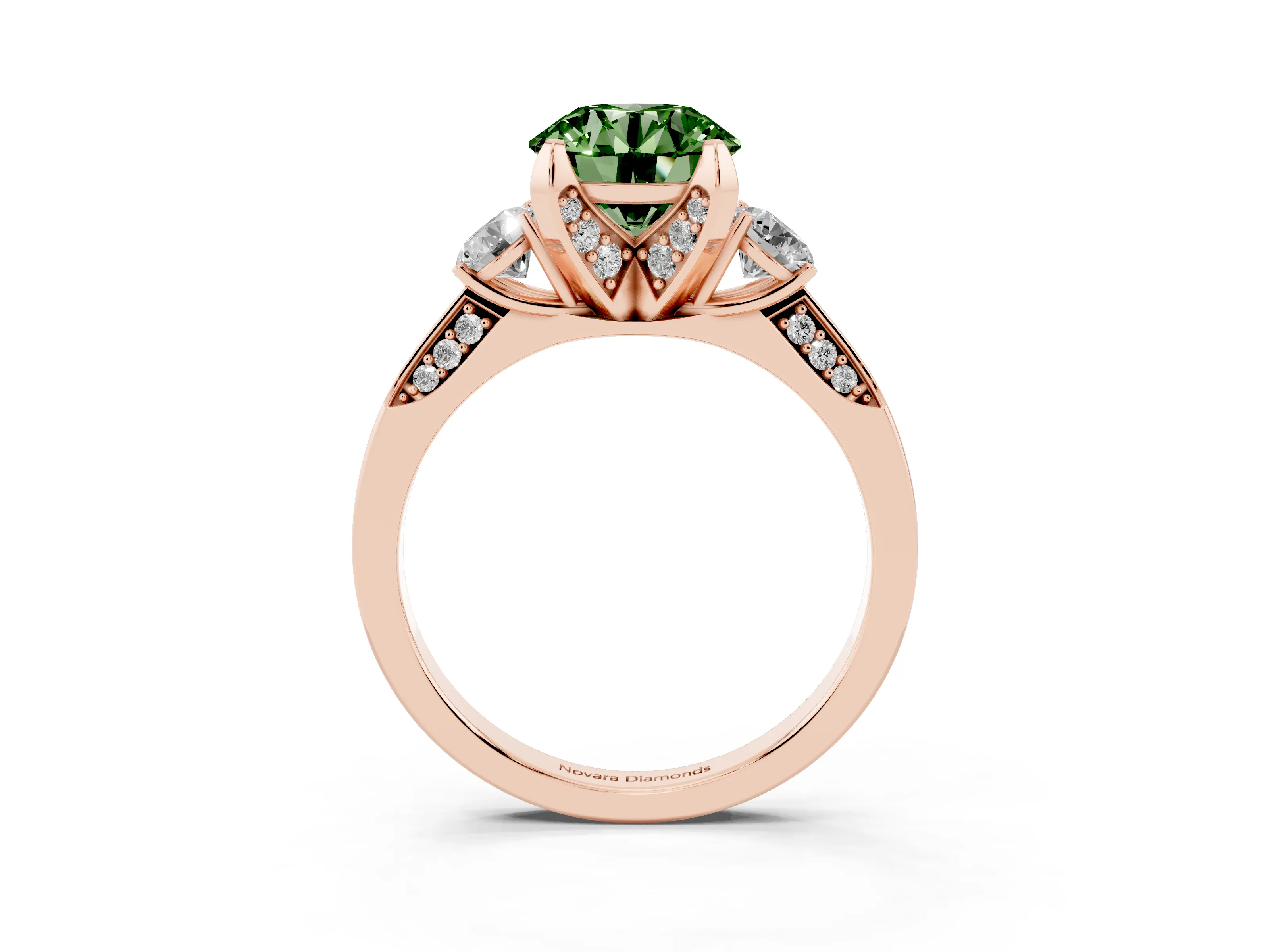 Fancy Green Round Cut Diamond Three-Stone Ring Set in Rose gold with Pavé Band and Smaller Side Stones