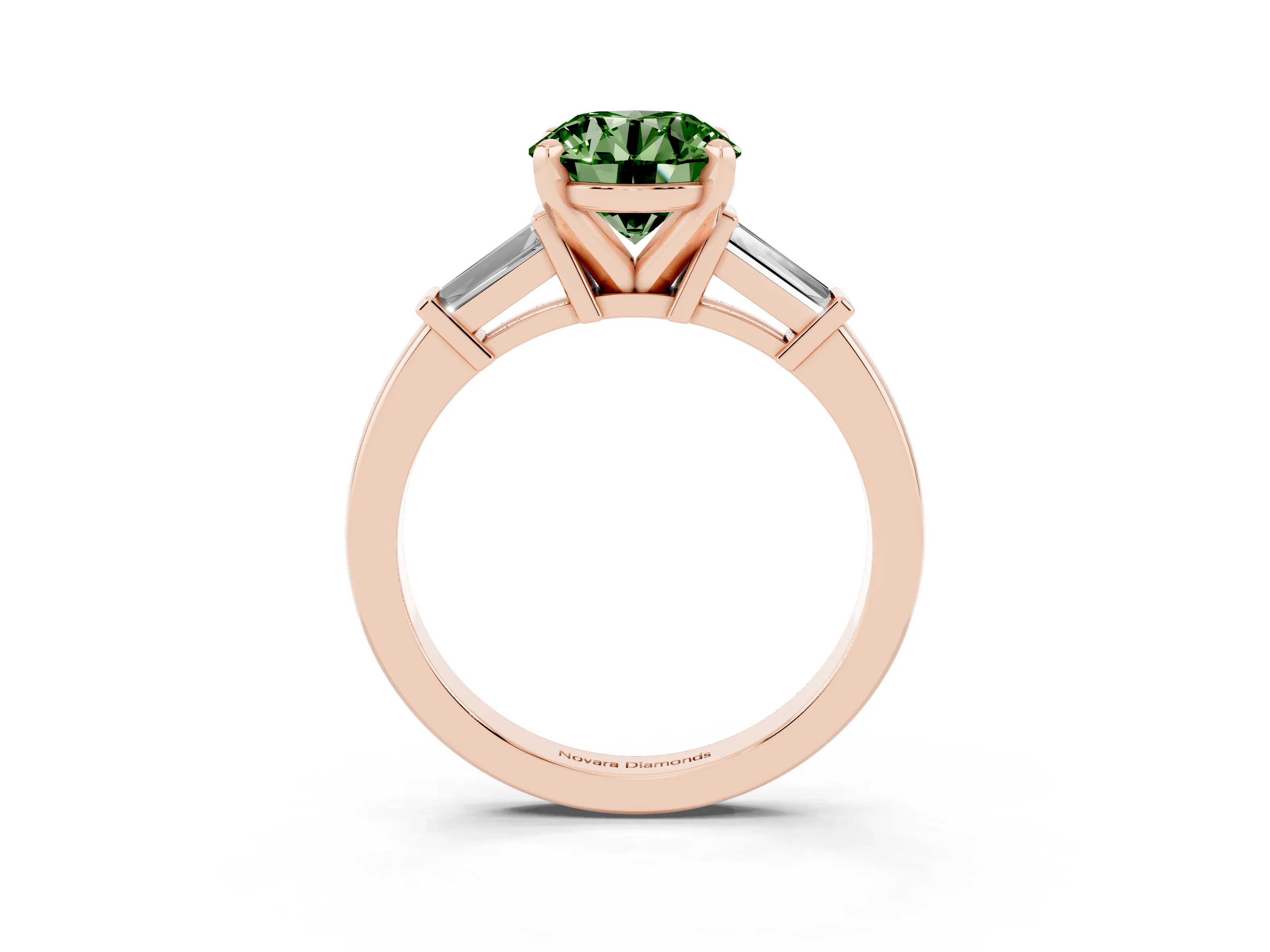 Fancy Green Round Cut Diamond Solitaire Ring Set in Rose gold with Tapered Baguette Accents and Prong Setting