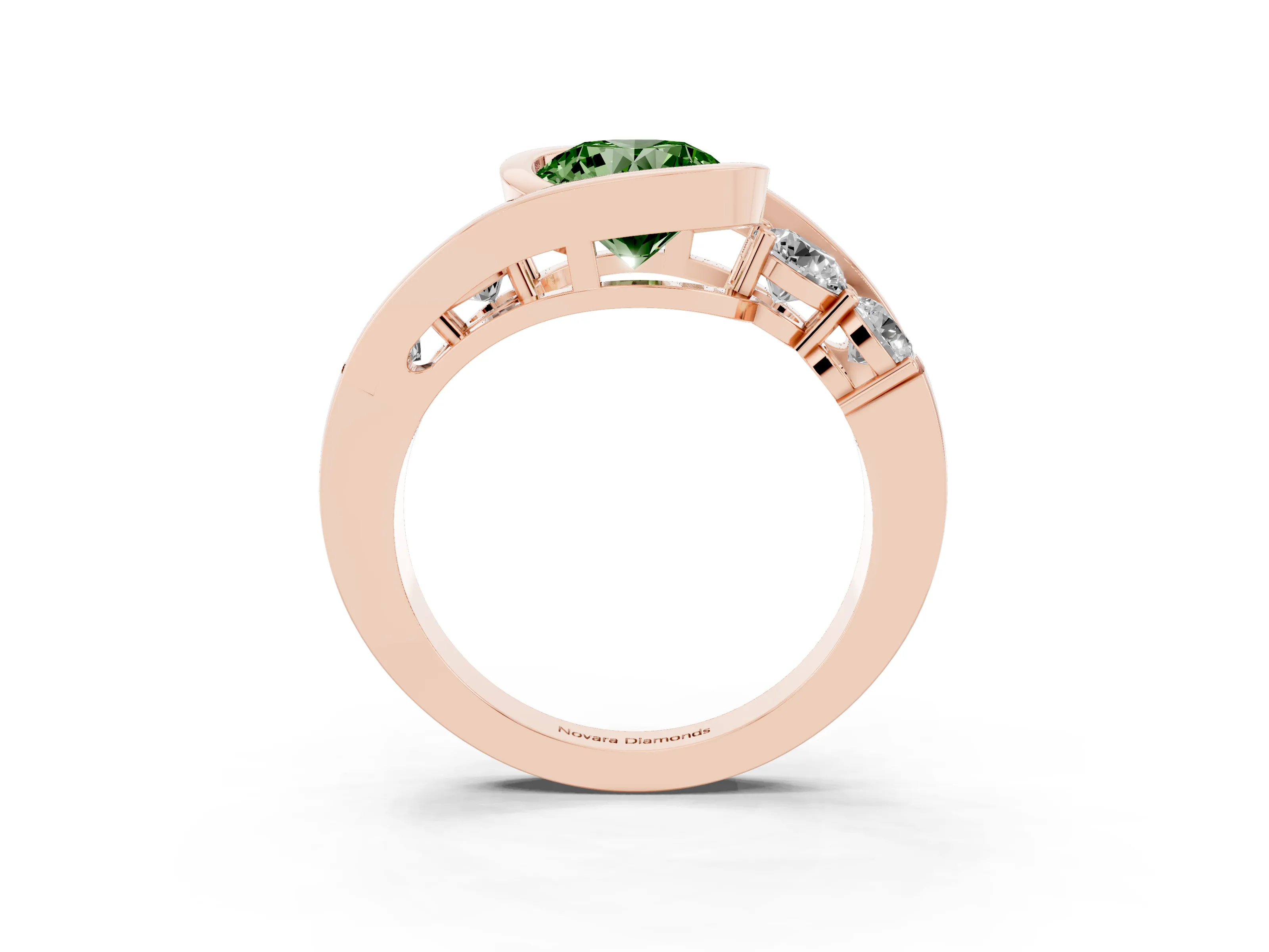 Fancy Green Round Cut Diamond Bezel Bypass Ring Set in Rose gold with Round Accents