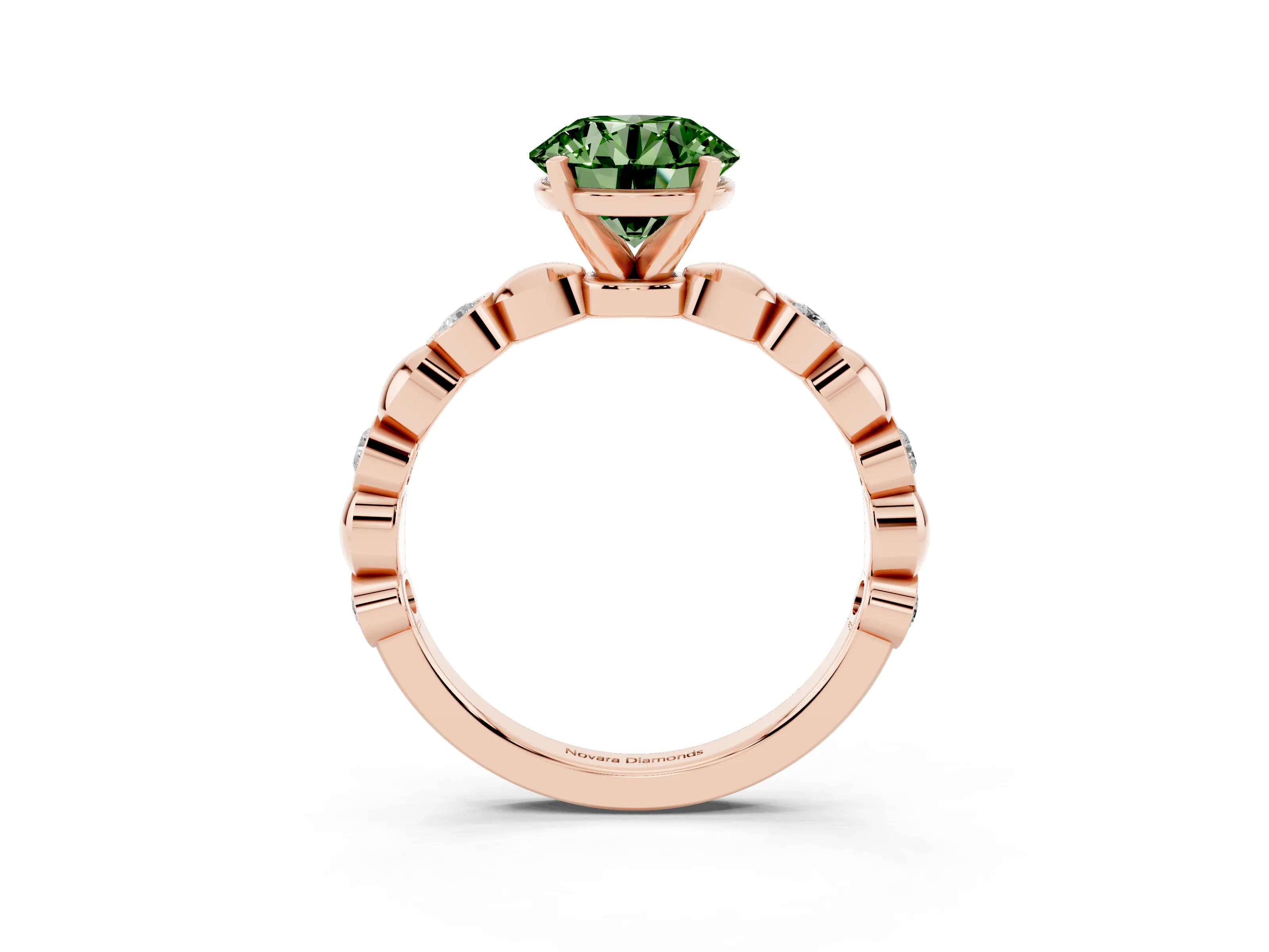 Fancy Green Round Cut Diamond Solitaire Ring Set in Rose gold with Bezel-Set Accents on Beaded Band and Prong Setting