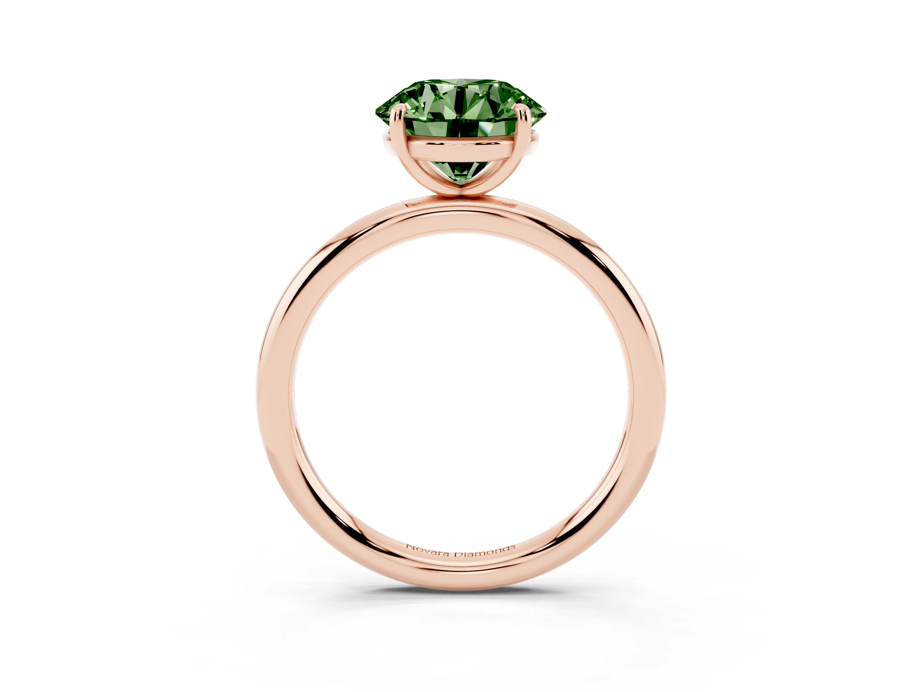 Fancy Green Round Cut Diamond Solitaire Ring Set in Rose gold with Prong Setting on a Polished Plain Band