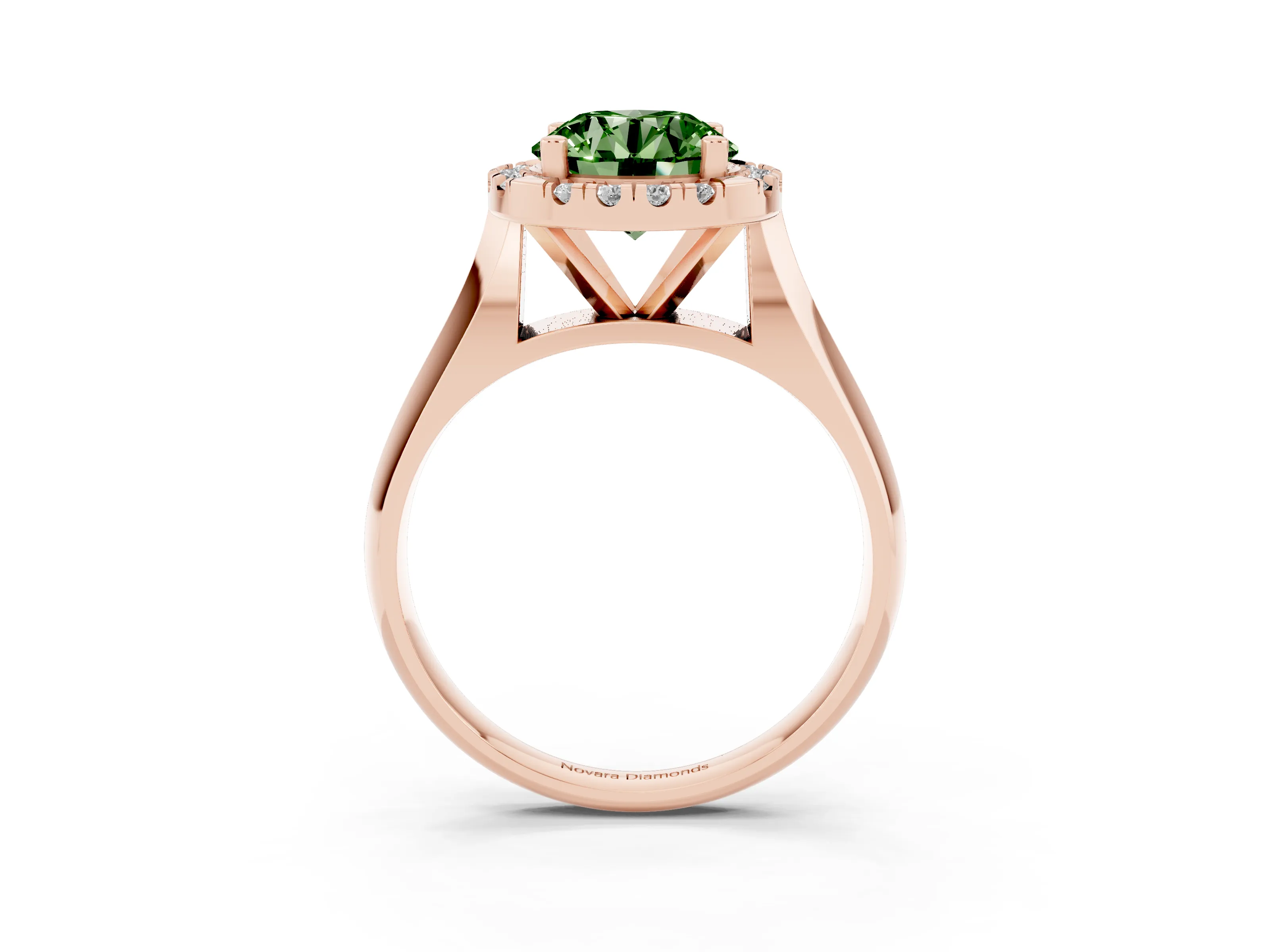 Fancy Green Round Cut Diamond Halo Solitaire Engagement Ring Set in Rose gold with Square Band and Prong Setting