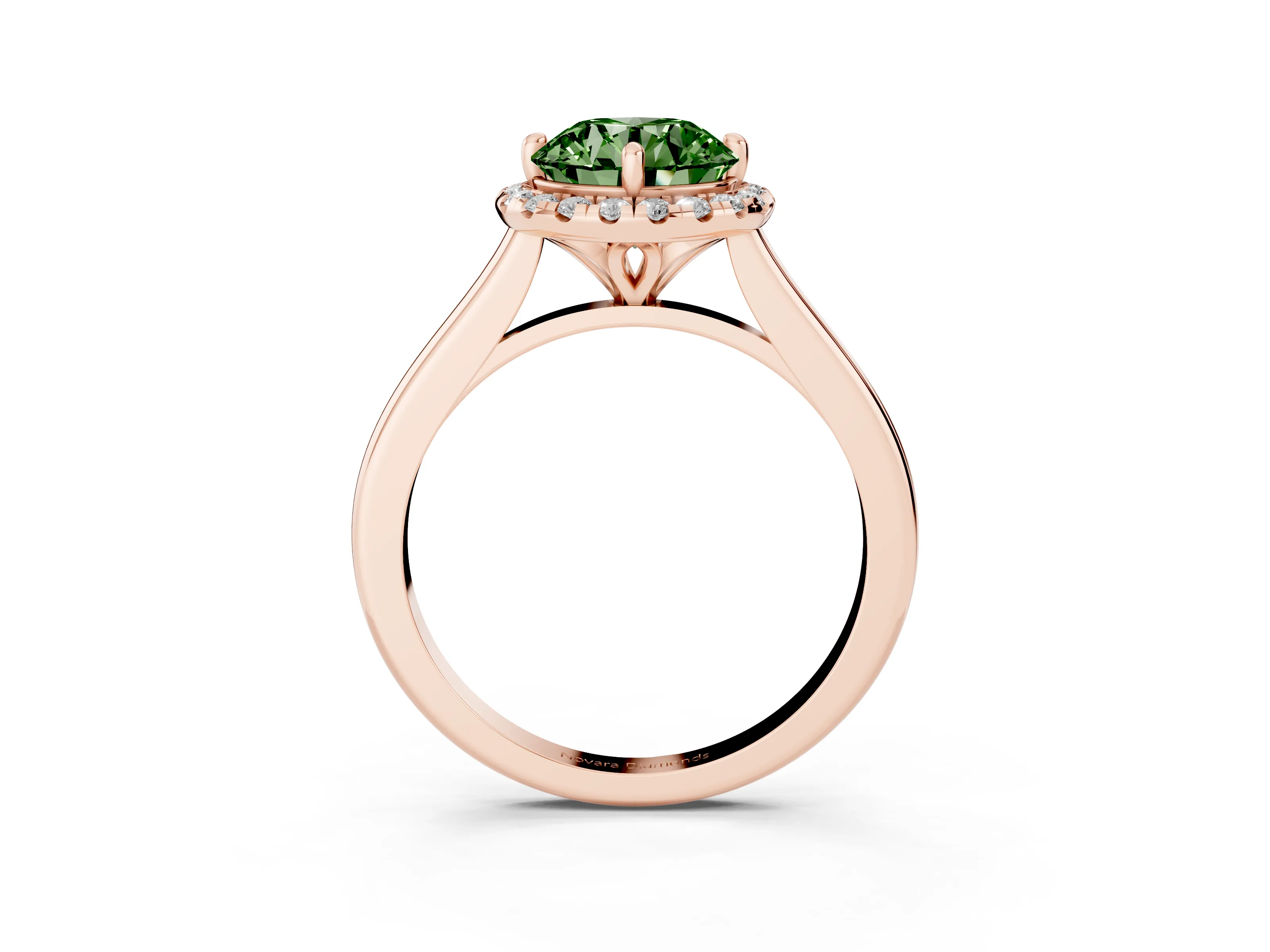 Fancy Green Round Cut Diamond Halo Engagement Ring Set in Rose gold with Pavé Band and Rising Shoulders