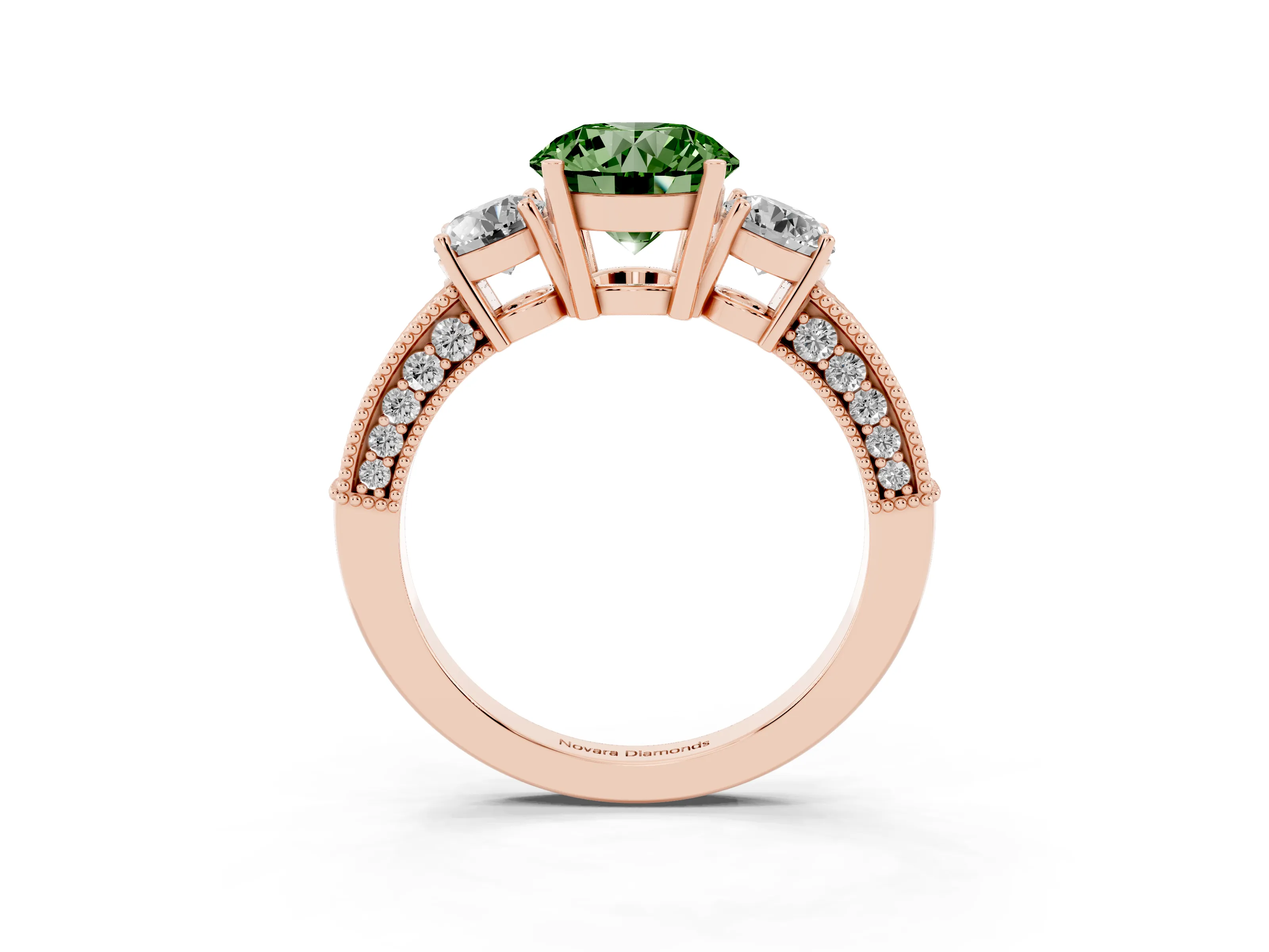 Fancy Green Round Cut Diamond Three-Stone Ring Set in Rose gold with Round Side Stones and Pavé Band