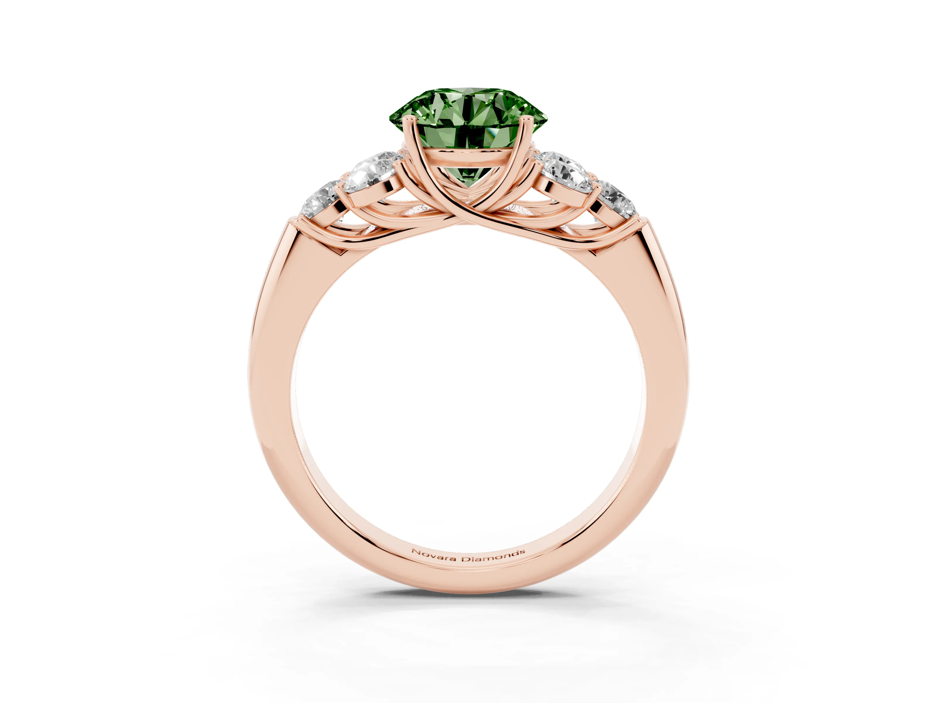 Fancy Green Round Cut Diamond Cluster Ring Set in Rose gold with Round Accent Stones and Prong Setting on a Plain Band