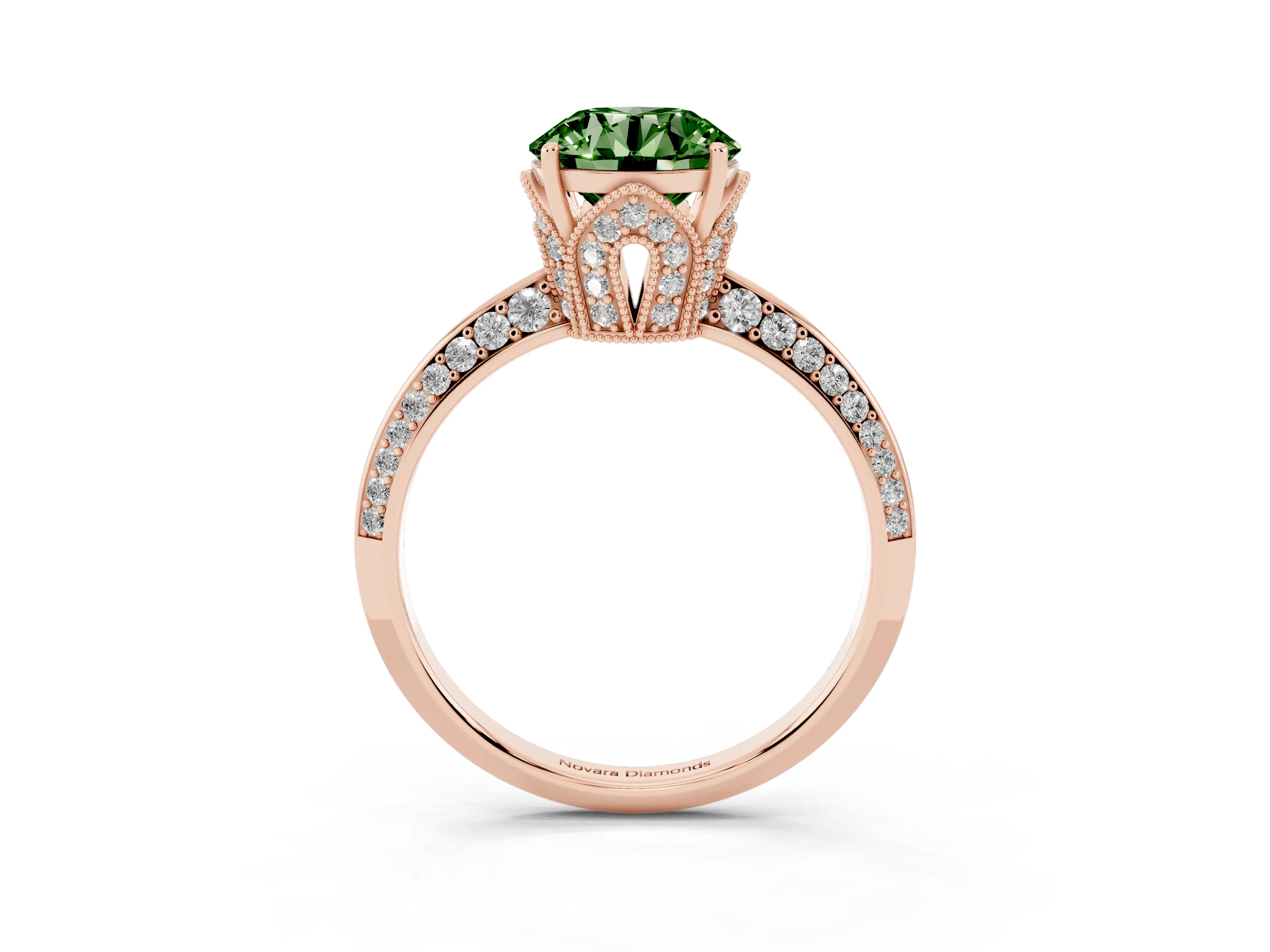 Fancy Green Round Cut Diamond Solitaire Engagement Ring Set in Rose gold with Pavé Split Shank and Prong Setting