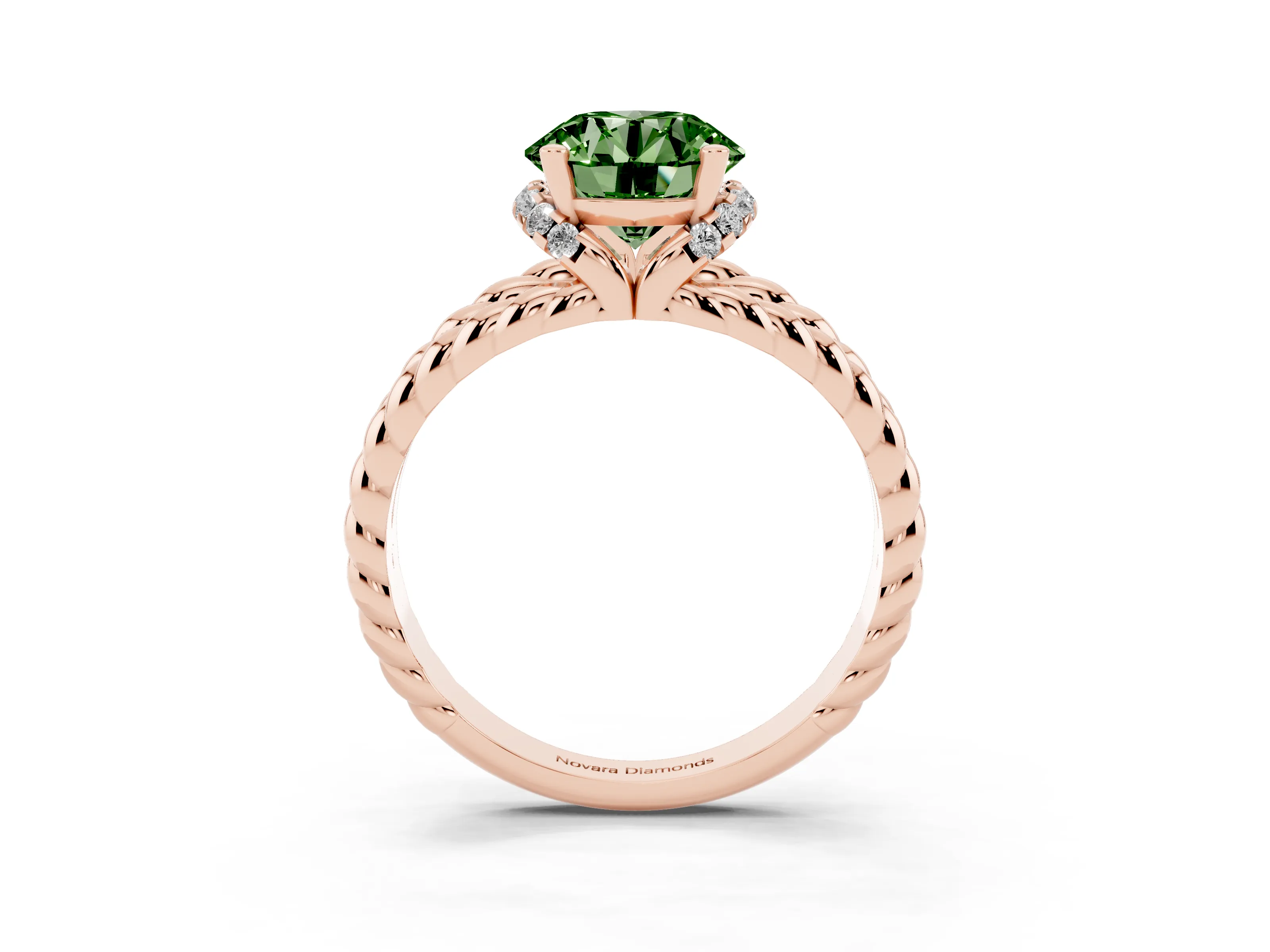 Fancy Green Round Cut Diamond Halo Ring Set in Rose gold with Twisted Band and Prong Setting
