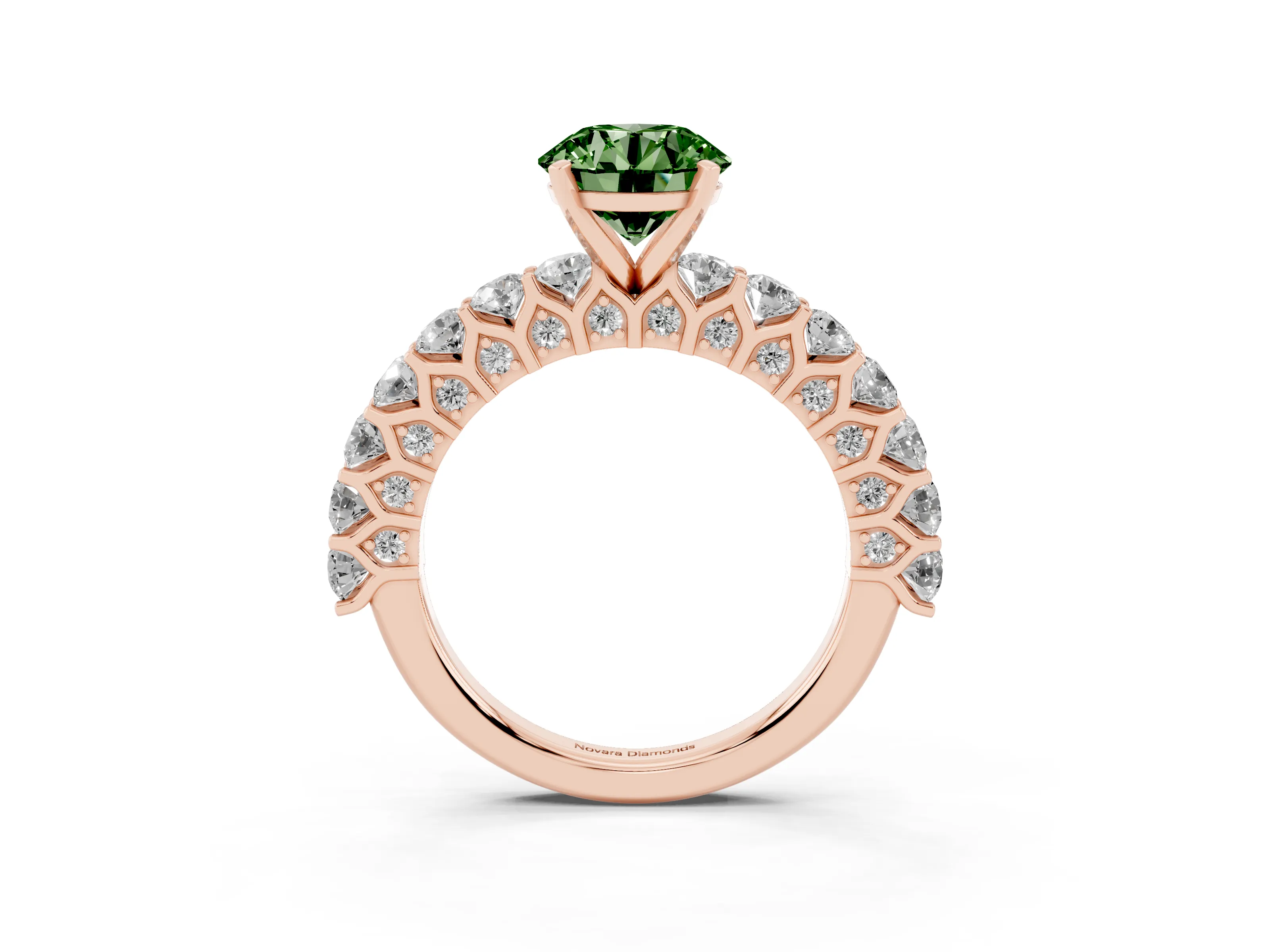 Fancy Green Round Cut Diamond Solitaire Ring Set in Rose gold with Shared Prong Pavé Band