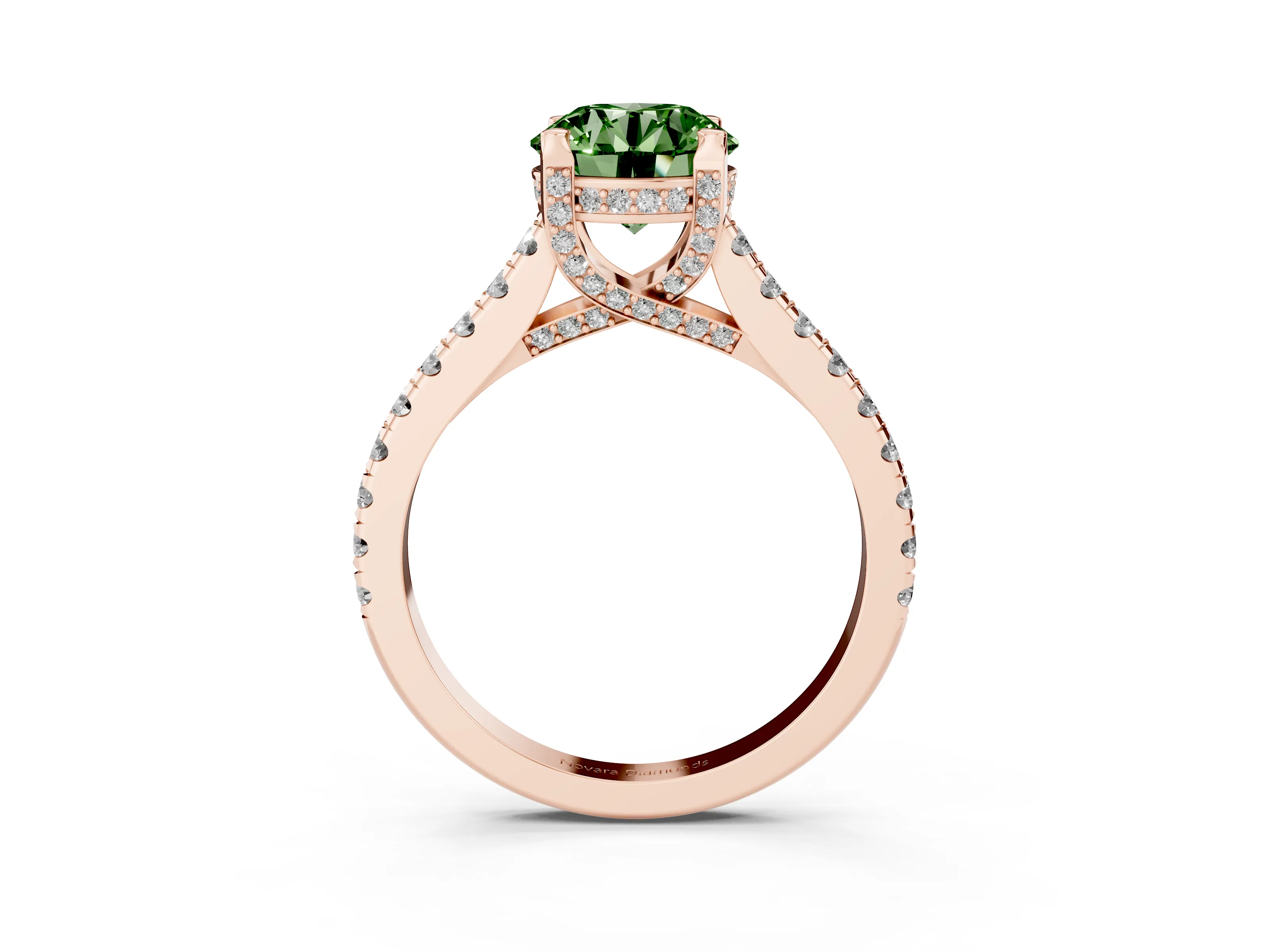 Fancy Green Round Cut Diamond Solitaire Ring Set in Rose gold with Brilliant Pavé Band and Prong Setting