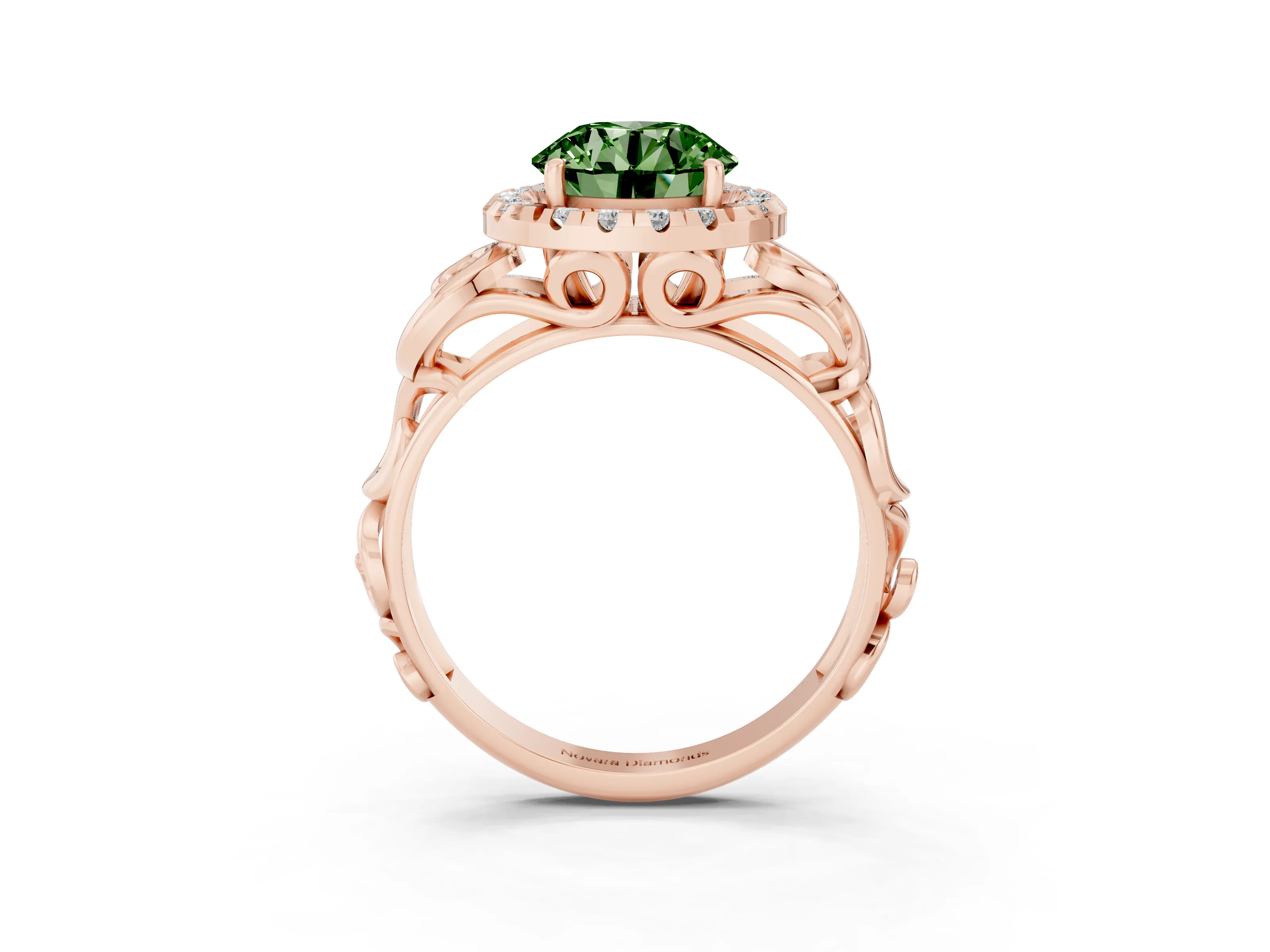 Fancy Green Round Cut Diamond Halo Ring Set in Rose gold with Scrollwork Band and Prong Setting