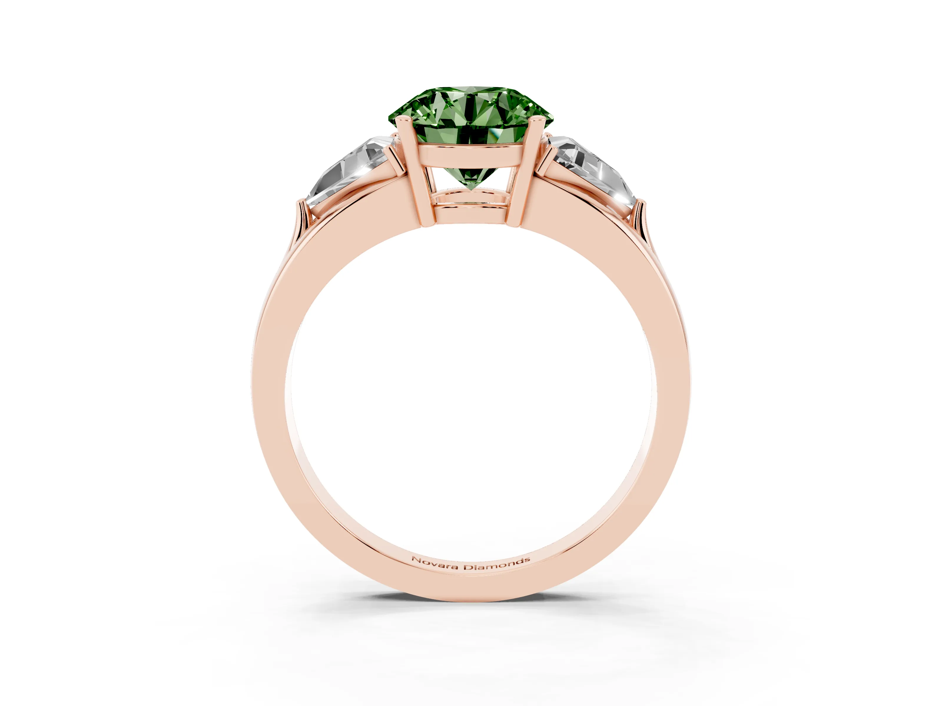Fancy Green Round Cut Diamond Three-Stone Ring Set in Rose gold with Trillion Side Stones and Split Shank