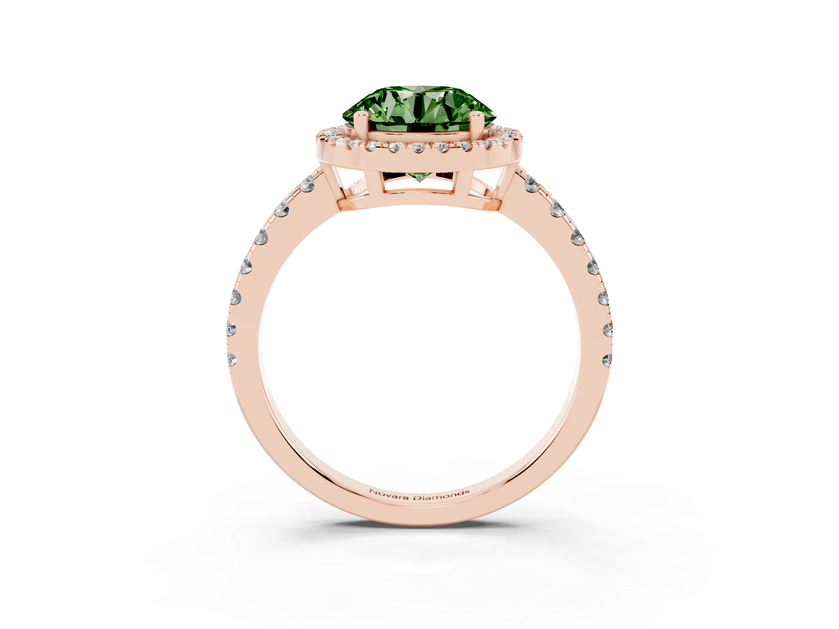 Fancy Green Round Cut Diamond Halo Ring Set in Rose gold with Delicate Pavé Band and Prong Setting