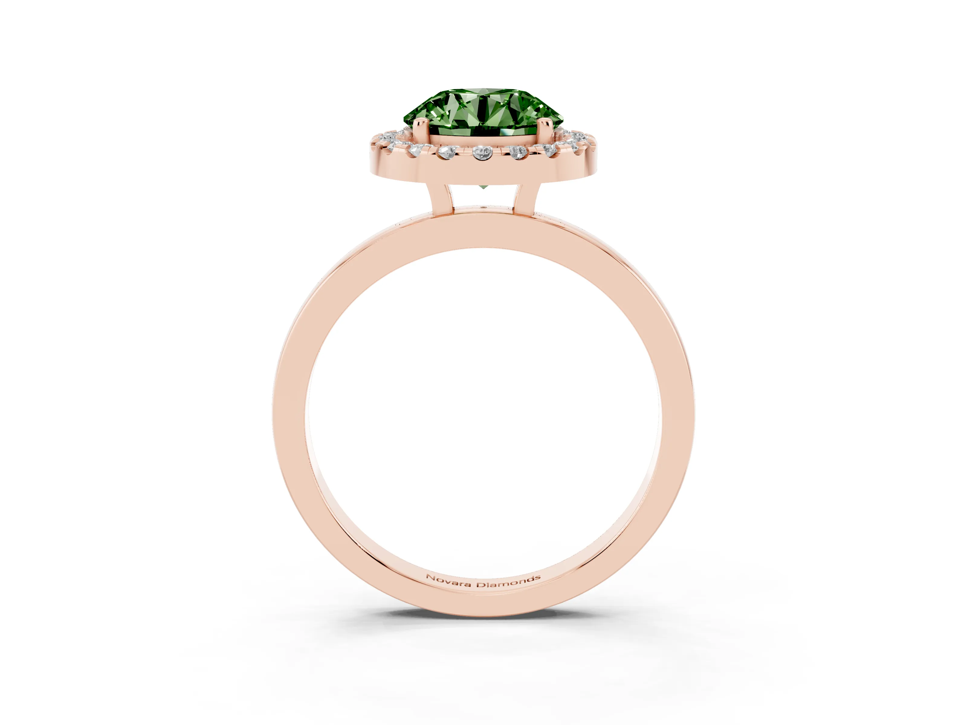 Fancy Green Round Cut Diamond Halo Solitaire Ring Set in Rose gold with Pavé Band and Prong Setting