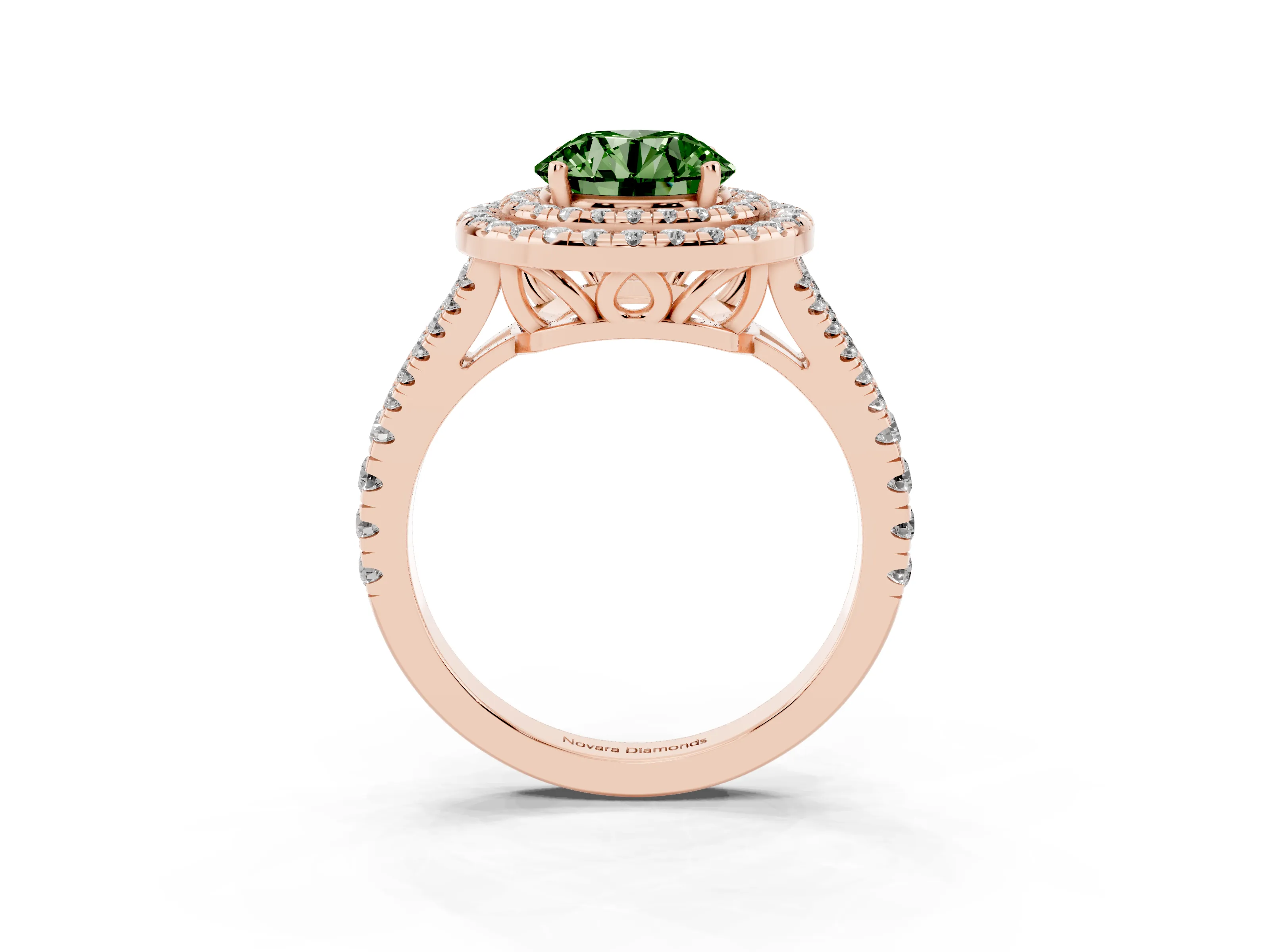 Fancy Green Round Cut Diamond Double Halo Ring Set in Rose gold with Pavé Band
