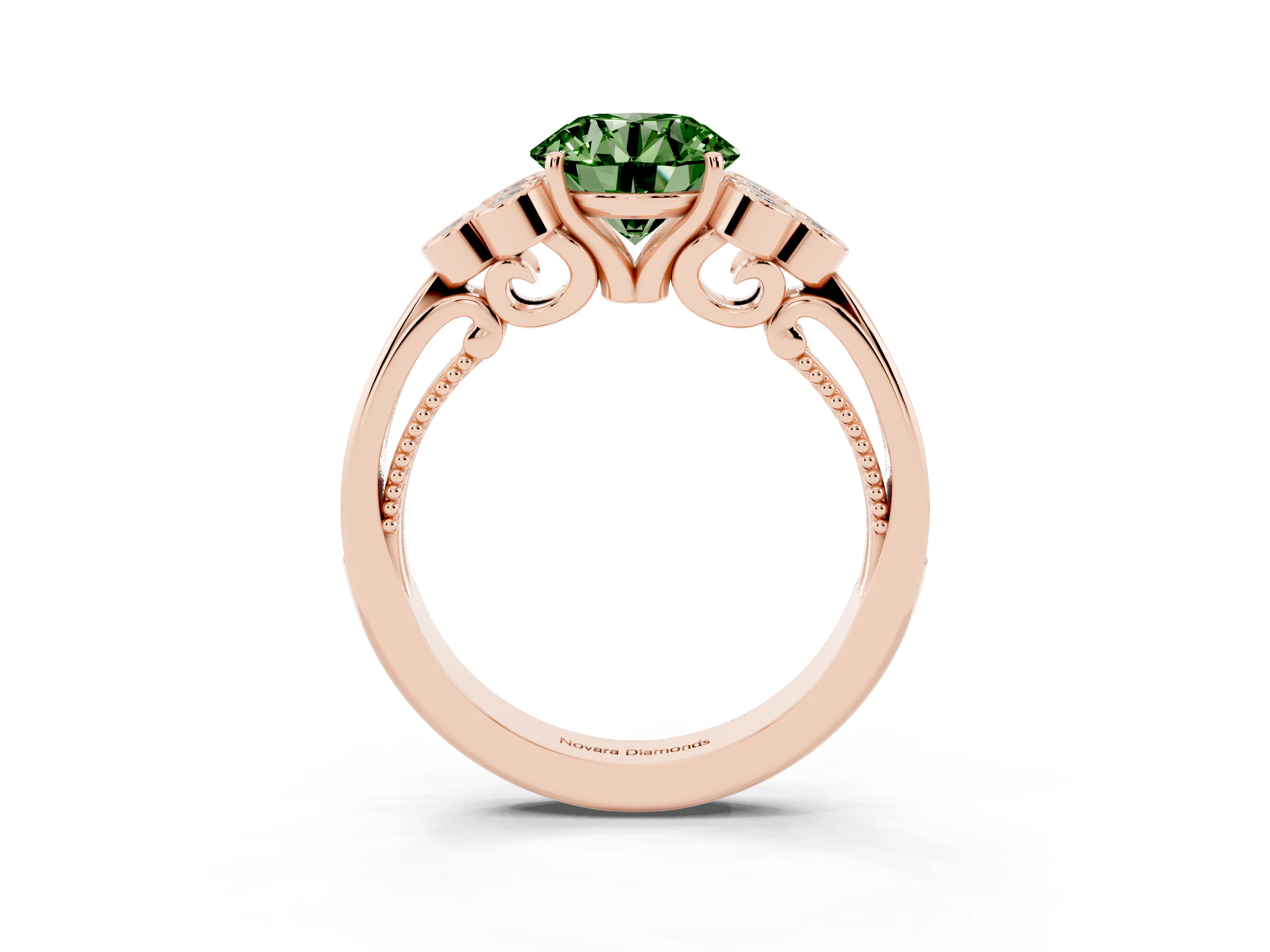 Fancy Green Round Cut Diamond Engagement Ring Set in Rose gold with Bezel Set Round Side Stones and Prong Setting